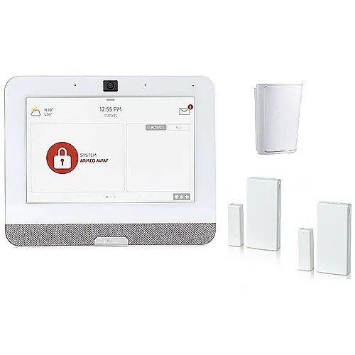 Home security alarm system with a touchscreen control panel and four external sensors.