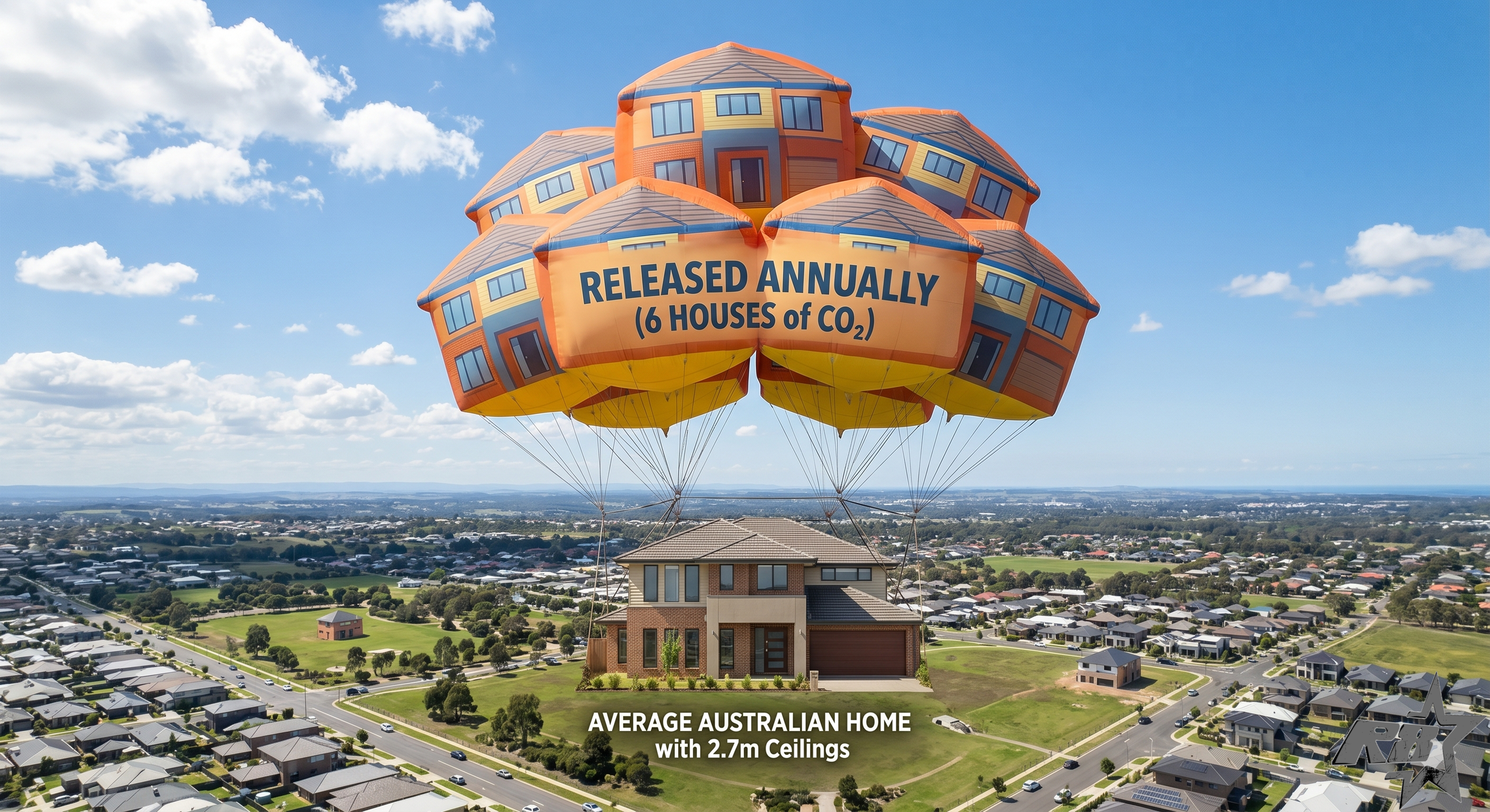 Six house sized&nbsp;balloons of CO² float off into the atmosphere every year over the life of our average houses.