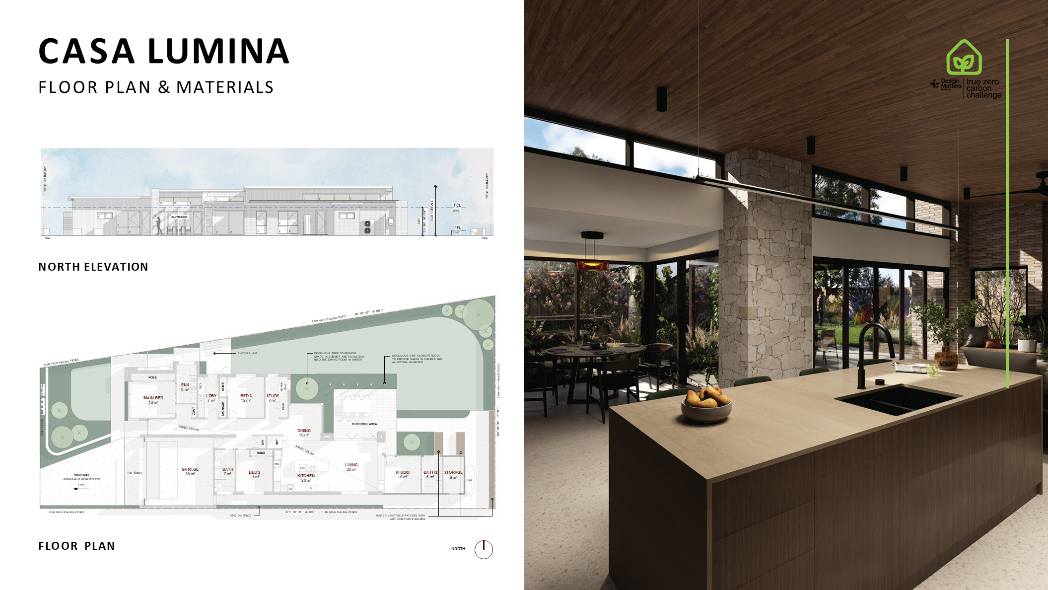 Casa Lumina kitchen rendering showcasing high-level northern windows, solar orientation, and lush landscaping for passive thermal comfort.