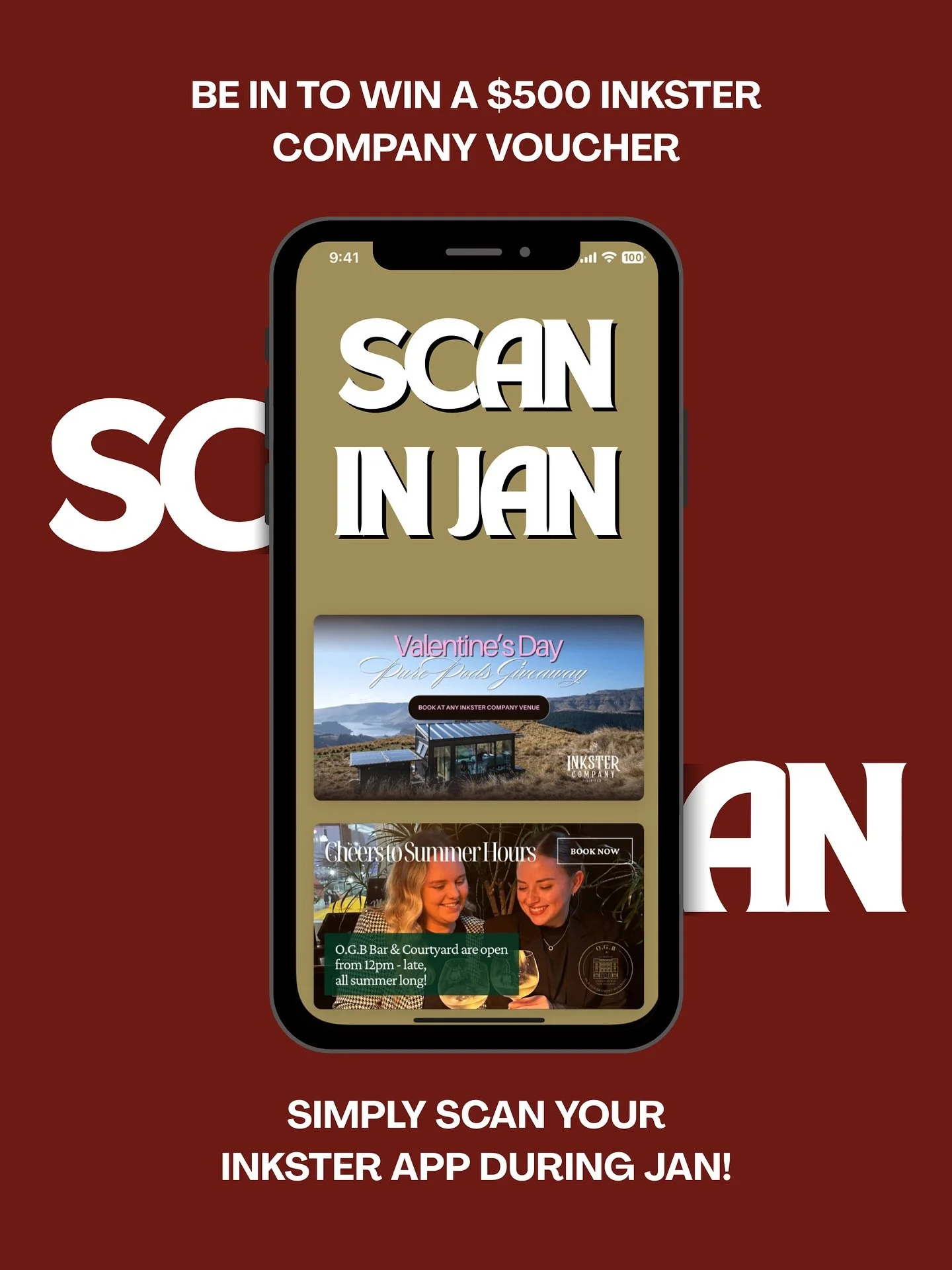 SCAN IN JAN 🍸

Scan your Inkster Company app this January and you&rsquo;re automatically in the draw to WIN a $500 Inkster Company voucher.
Spend it at any Inkster venue.

No fuss. Just scan.
See you soon!