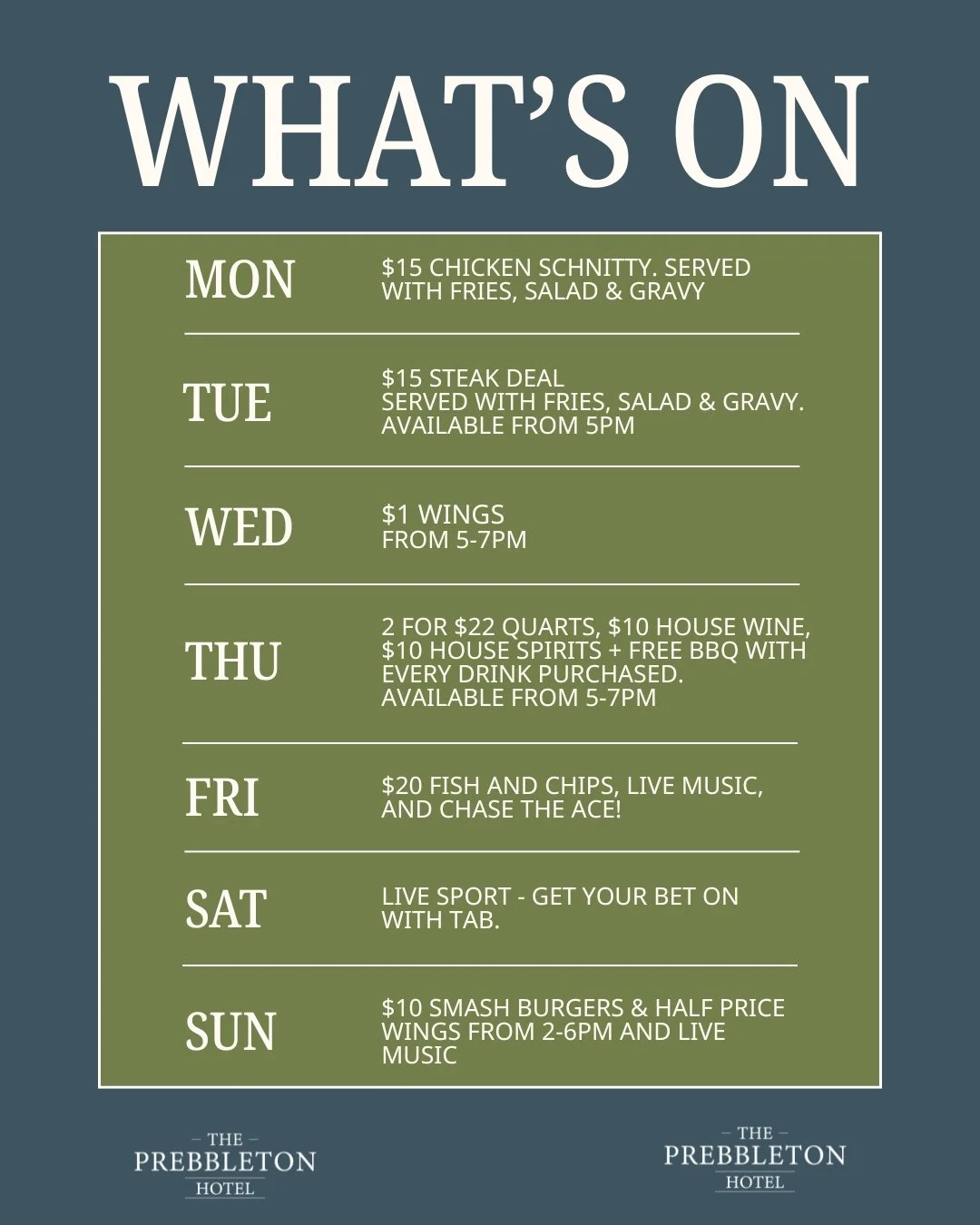 There's always something happening at The Prebbleton Hotel. We can&rsquo;t wait to host you this week. 

(Offers apply with the purchase of any beverage)