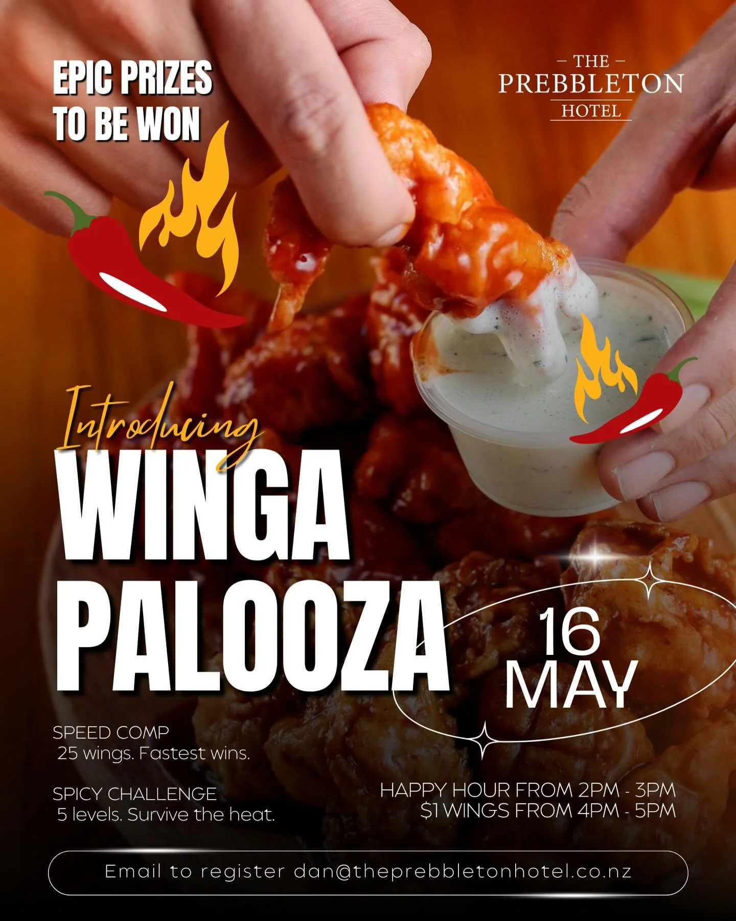 WINGAPALOOZA &ndash; 16 MAY

A full day of wings, live music &amp; chaos as we bring you the ultimate wing showdown.

From 11am we&rsquo;re on with live tunes, drink specials &amp; two wing comps:

2&ndash;3pm Happy Hour
4&ndash;5pm $1 Wings

🏁 Spee