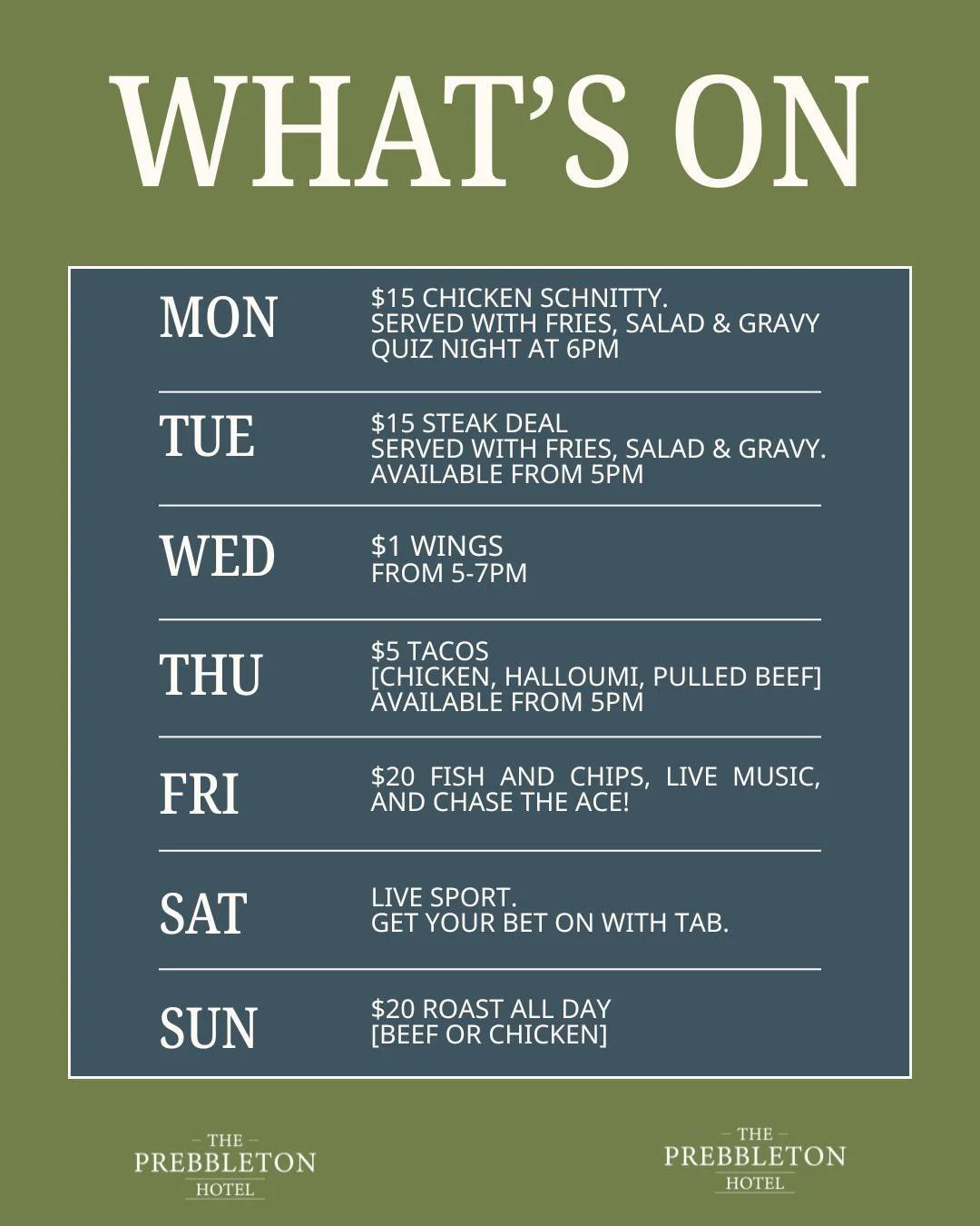 New rituals are comin' your way folks and we've given Thursday and Sunday a shake up. Expect flavour beyond belief, and comfort beyond compare. 

We'll see you at the Prebbleton.