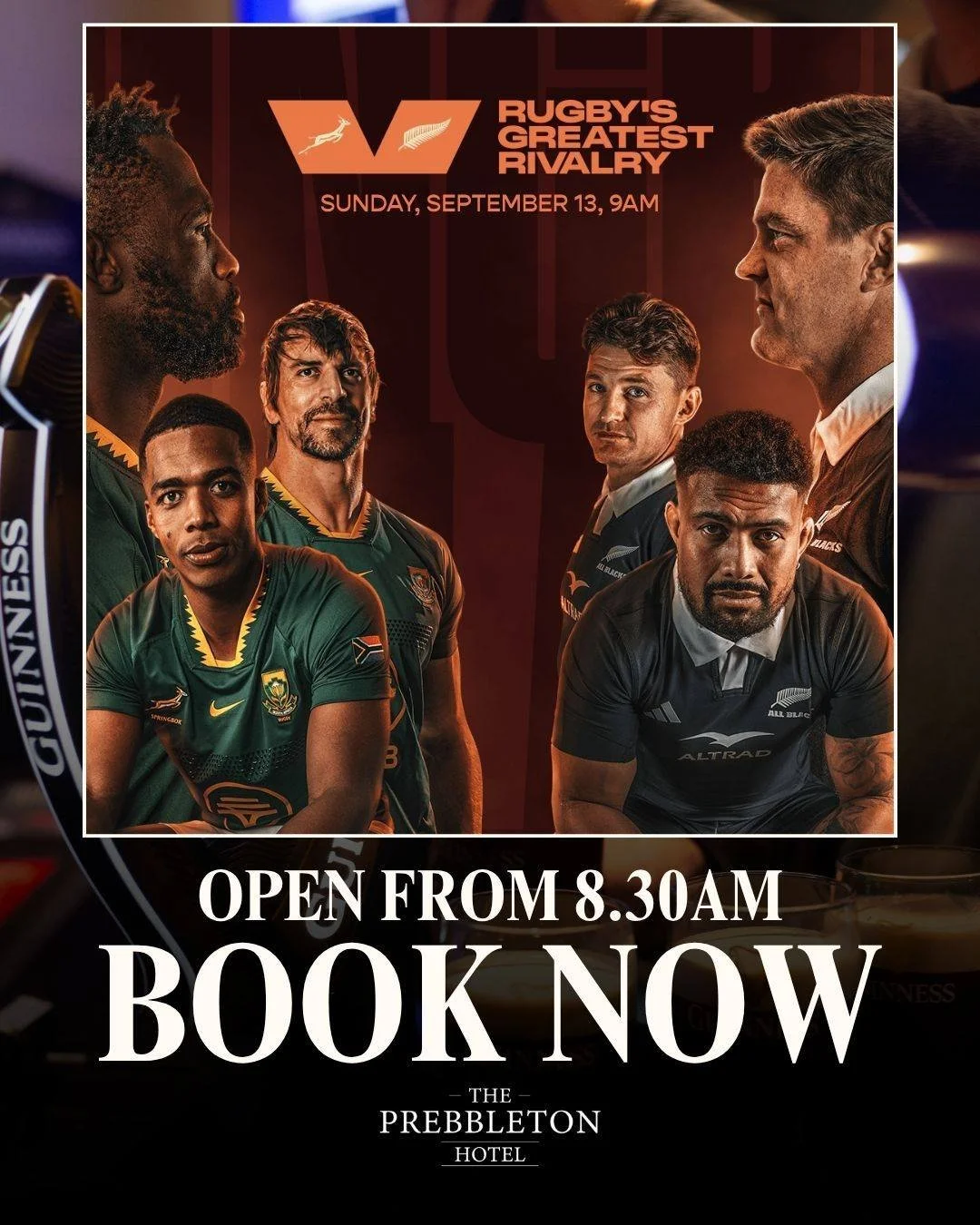 All Blacks v Springboks,  a showdown you don&rsquo;t want to miss. 

Join us Sunday, September 13 as the All Blacks take on the Springboks in the fourth and final test. We&rsquo;re opening early from 8.30am, so you can grab a seat, settle in and be r