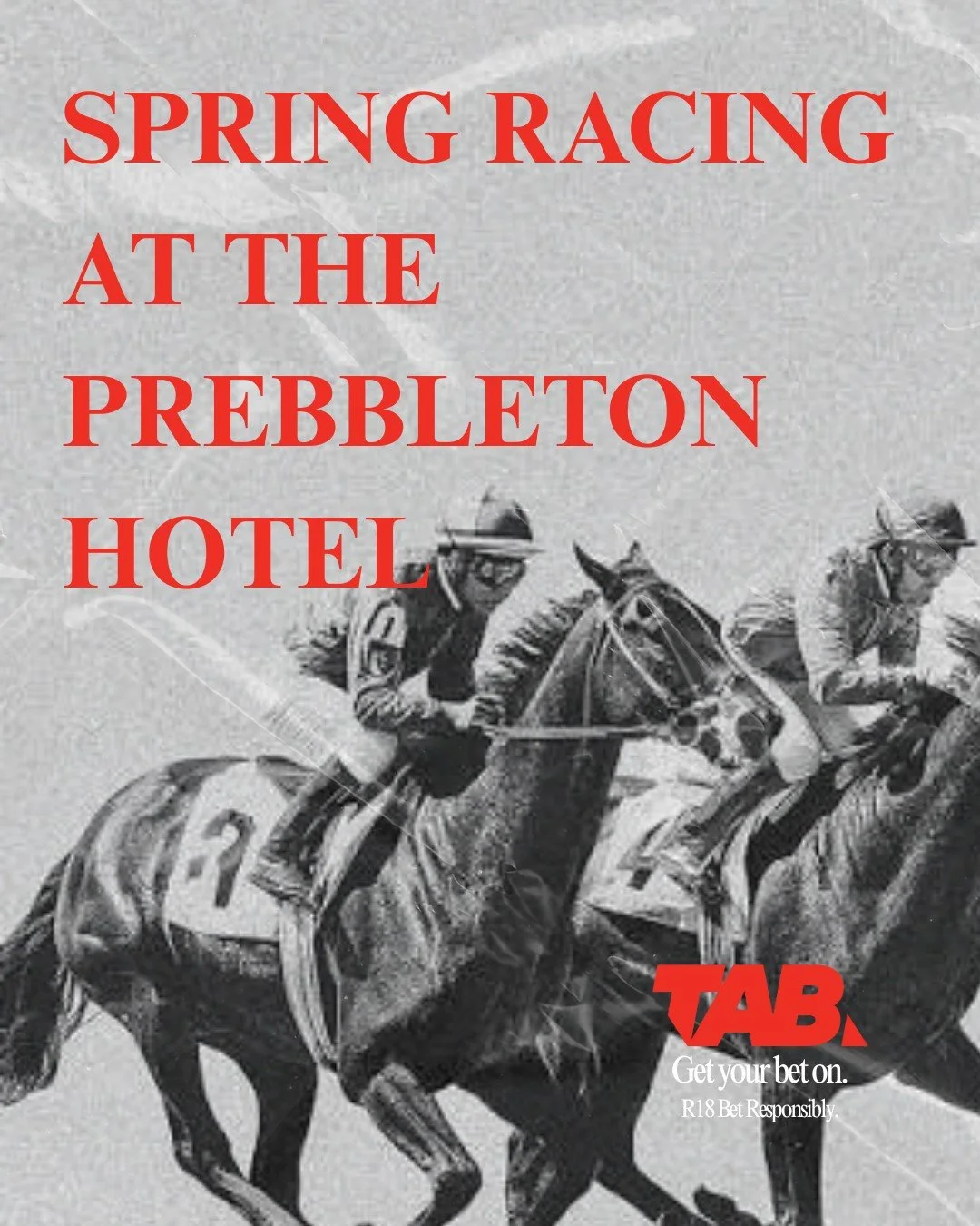 SPRING RACING IS ON

Join us every Saturday between 11am&ndash;3pm for all the racing action, a punt or two, and a little something extra while you&rsquo;re here. Ask the team about our TAB promotion.

Round up your crew, settle in and enjoy the race