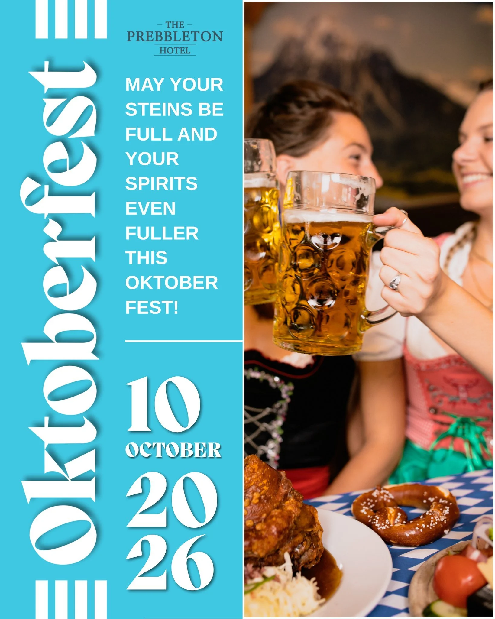 OKTOBERFEST IS BACK!

$45 gets you entry, food all day, your first stein + live music.

Dust off the dirndls, grab the lederhosen and round up your mates.

Tickets on sale now at theprebbletonhotel.co.nz. Prost!