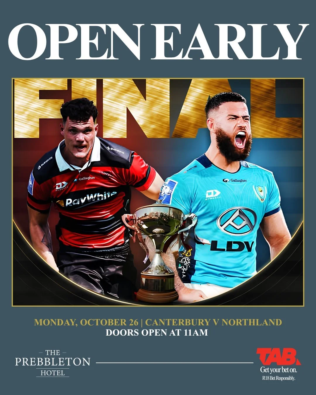 Finals day is coming, and we're opening early for the occasion.  Join us at The Prebbleton Hotel from 11am Monday, October 26.

Put on a bet, grab a beer, and make a day of it this long weekend.