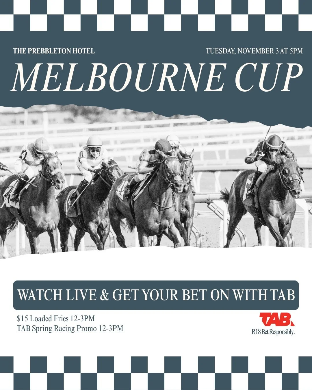 The race that stops the nation is right around the corner, and we're showing it LIVE at The Prebbleton Hotel! 

Join us from 12PM for our TAB spring racing promo and food specials, then stay tuned for the main event at 5PM. 

Tuesday, November 3 - we