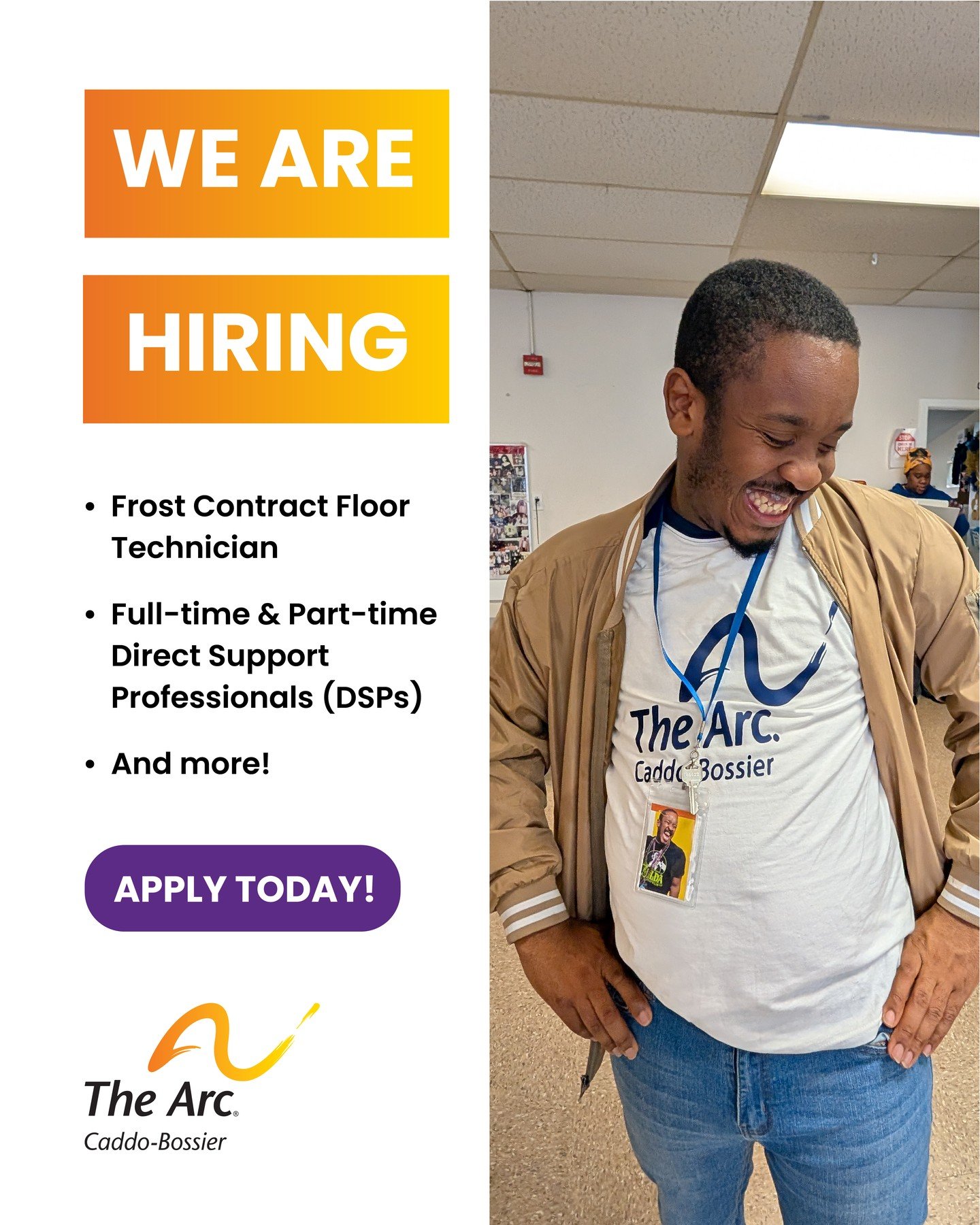 🌟The Arc Caddo-Bossier is hiring!🌟

We are currently hiring for a Frost Contract Floor Technician, Full-time &amp; Part-time Direct Support Professionals (DSPs), and more! To see all of our open positions, please visit the link in our bio!

#hiring