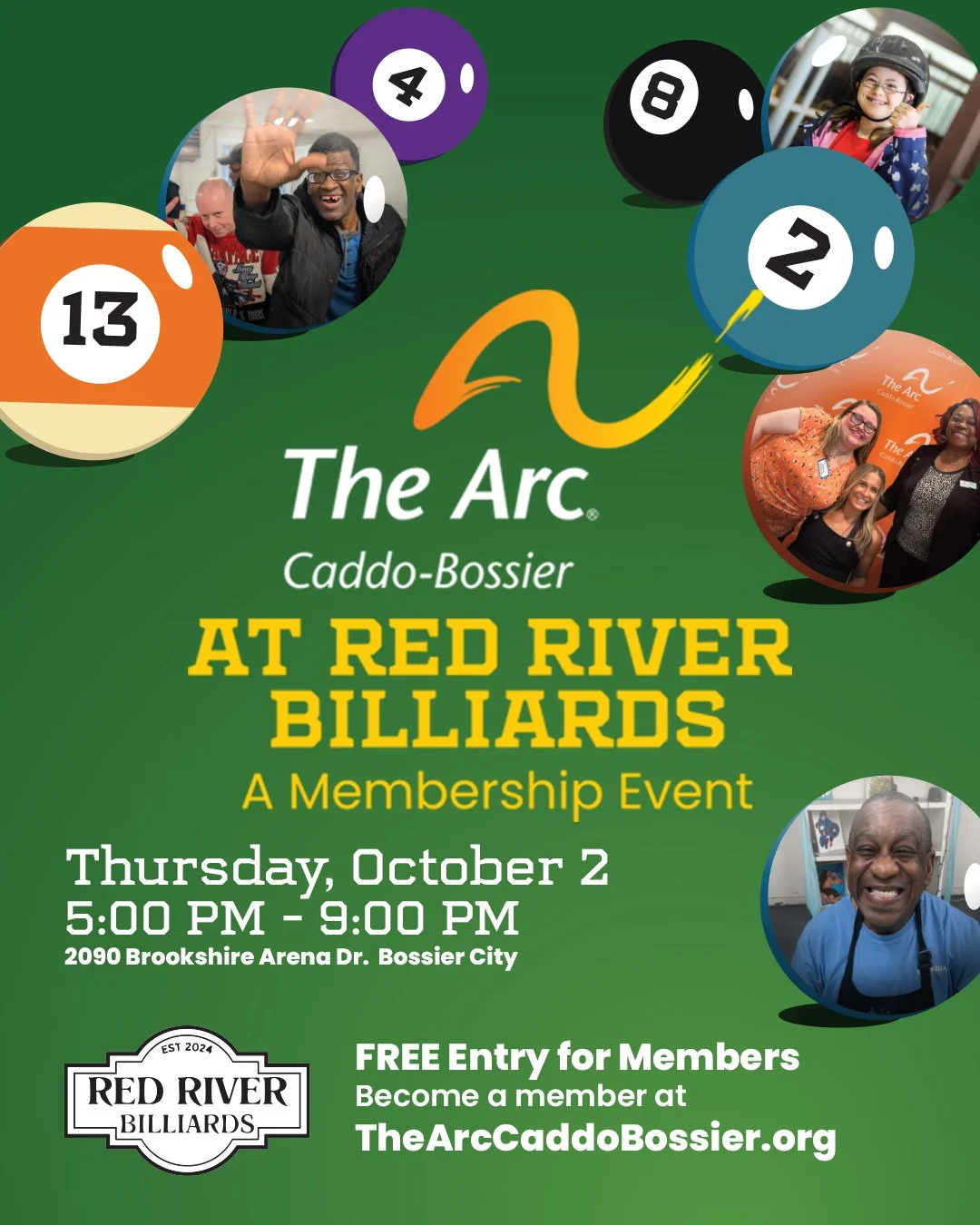 🎱See you all TOMORROW from 5:00 PM - 9:00 PM at Red River Billiards located at 2090 Brookshire Arena Drive! Members of The Arc Caddo-Bossier can enjoy complimentary pool and refreshments while connecting with fellow advocates in our community.

🥤We
