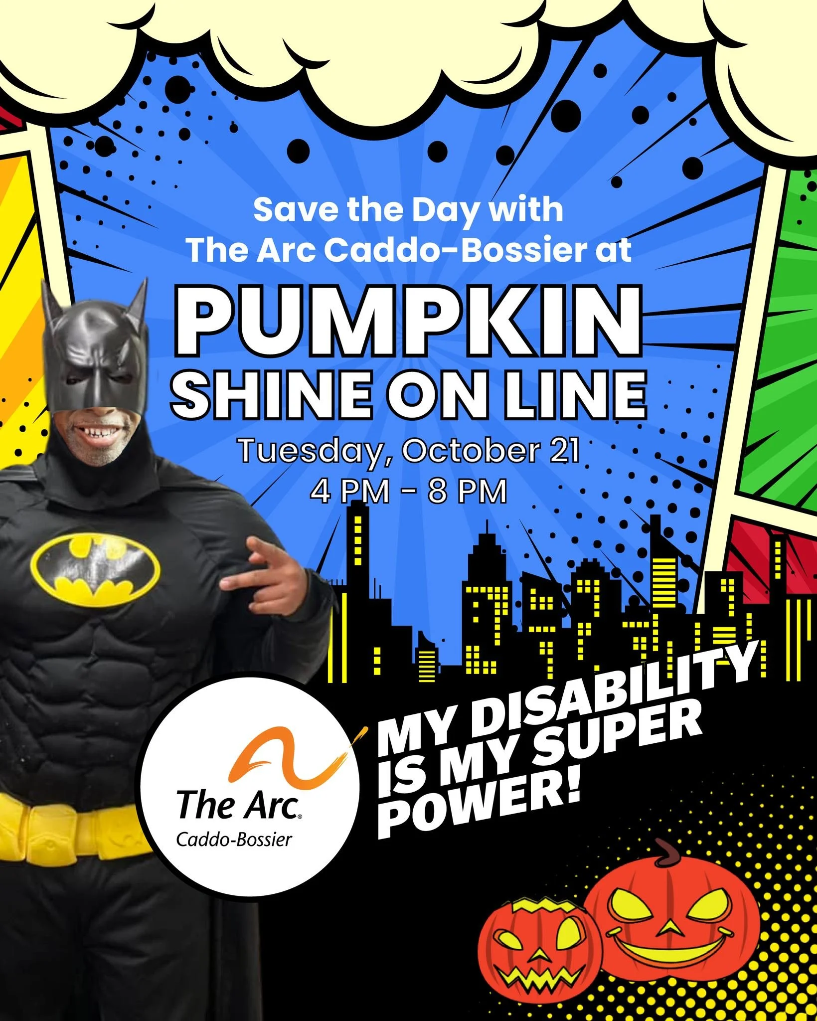 Come save the day with The Arc Caddo-Bossier at Pumpkin Shine on Line on Tuesday, October 21 from 4 PM to 8 PM at 3901 Fairfield Ave, Shreveport, LA!🎃 You'll be able to see pumpkins decorated by our Goldman students and Conly Day Program participant