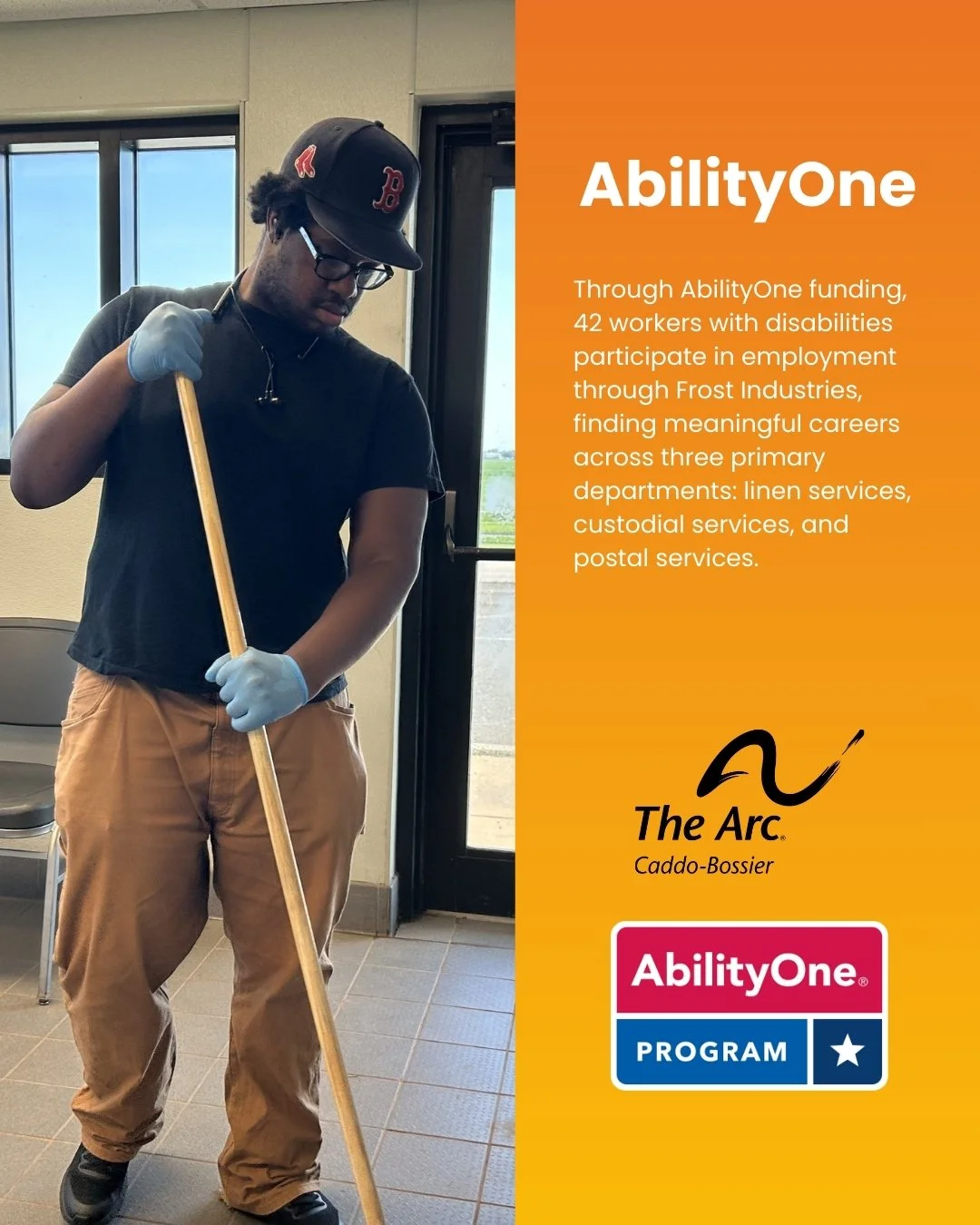 The Arc Caddo-Bossier partners with the AbilityOne program, through SourceAmerica (Central Nonprofit Agency), which leverages federal contracting to help individuals earn wages, participate in their communities, and develop skills that can be markete