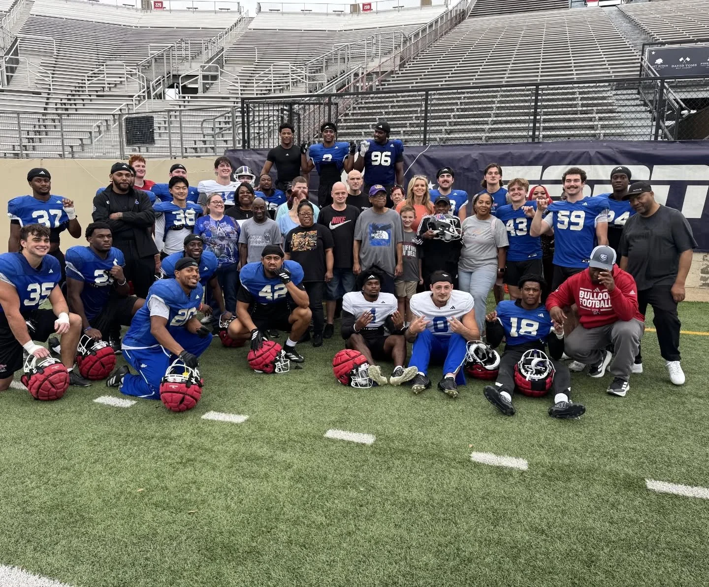Today The Arc Caddo-Bossier's community Homes got a chance to attend Louisiana Tech Football Indy Bowl practice. 🧡💛🏈. This is one of our favorite events each year.