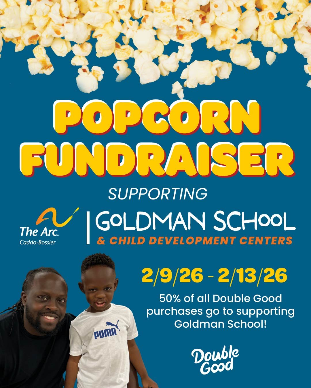 🍿Shreveport-Bossier, enjoy delicious popcorn from Double Good and support The Arc Caddo-Bossier's Goldman School and Child Development Centers at the same time!

📅You can purchase popcorn using the link in our bio from now until February 13th! The 