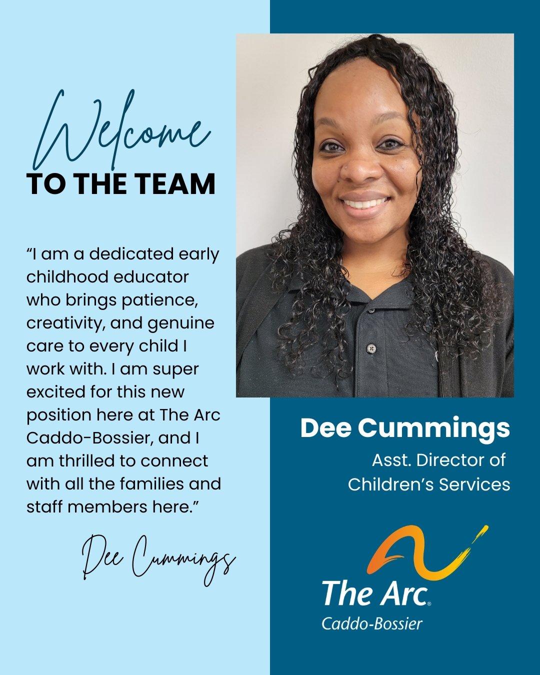 Please join us in welcoming The Arc Caddo-Bossier&rsquo;s new Assistant Director of Children's Services, Dee Cummings!🧡💛

Dee has an Early Childhood associate degree and her CDA. She has worked in the childhood field for the past 25 years and is pa