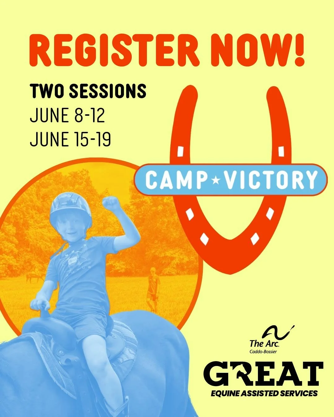 ☀️The Camp Victory application is open!☀️ Camp Victory is held at The Arc Caddo-Bossier's GREAT Equine Assisted Services, and it is an inclusive summer camp for children ages 4-10 years old with &amp; without disabilities. Campers will have the oppor
