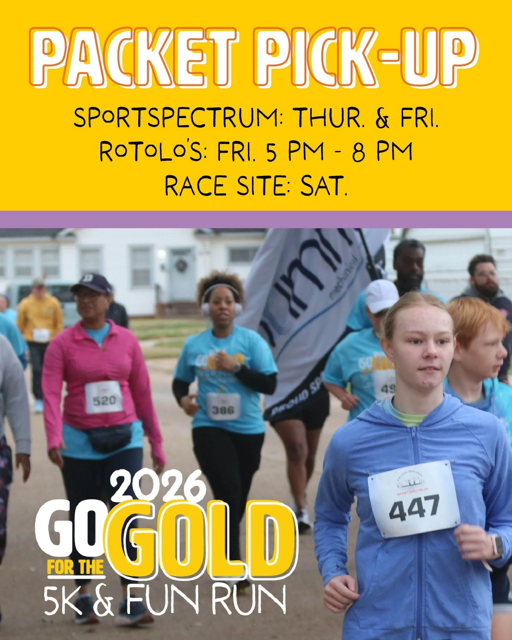 🚨Packet pick-up starts tomorrow for Go for the Gold 5K &amp; Fun Run  Benefiting The Arc Caddo-Bossier's Goldman School and Child Development Centers!!🚨 

Runners can pick up their packet from Sportspectrum tomorrow and Friday, from Rotolo's at our
