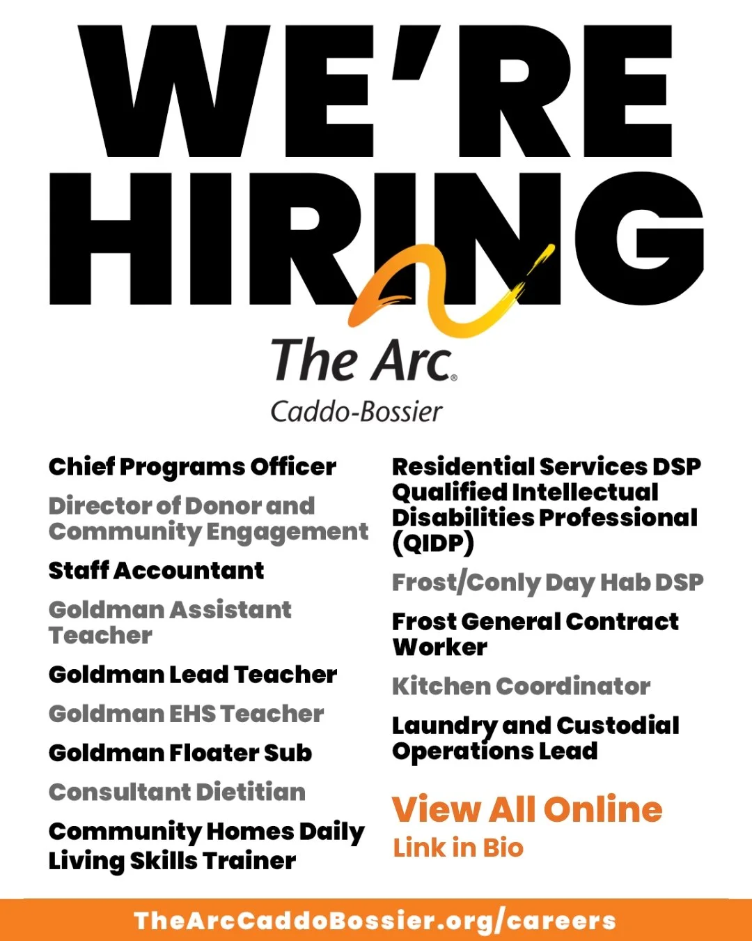 The Arc Caddo-Bossier is hiring for a Chief Programs Officer, a Director of Donor and Community Engagement, and more! Come join our mission of building unlimited opportunities for people with disabilities!🧡💛

Apply using the link in our bio!

#hiri