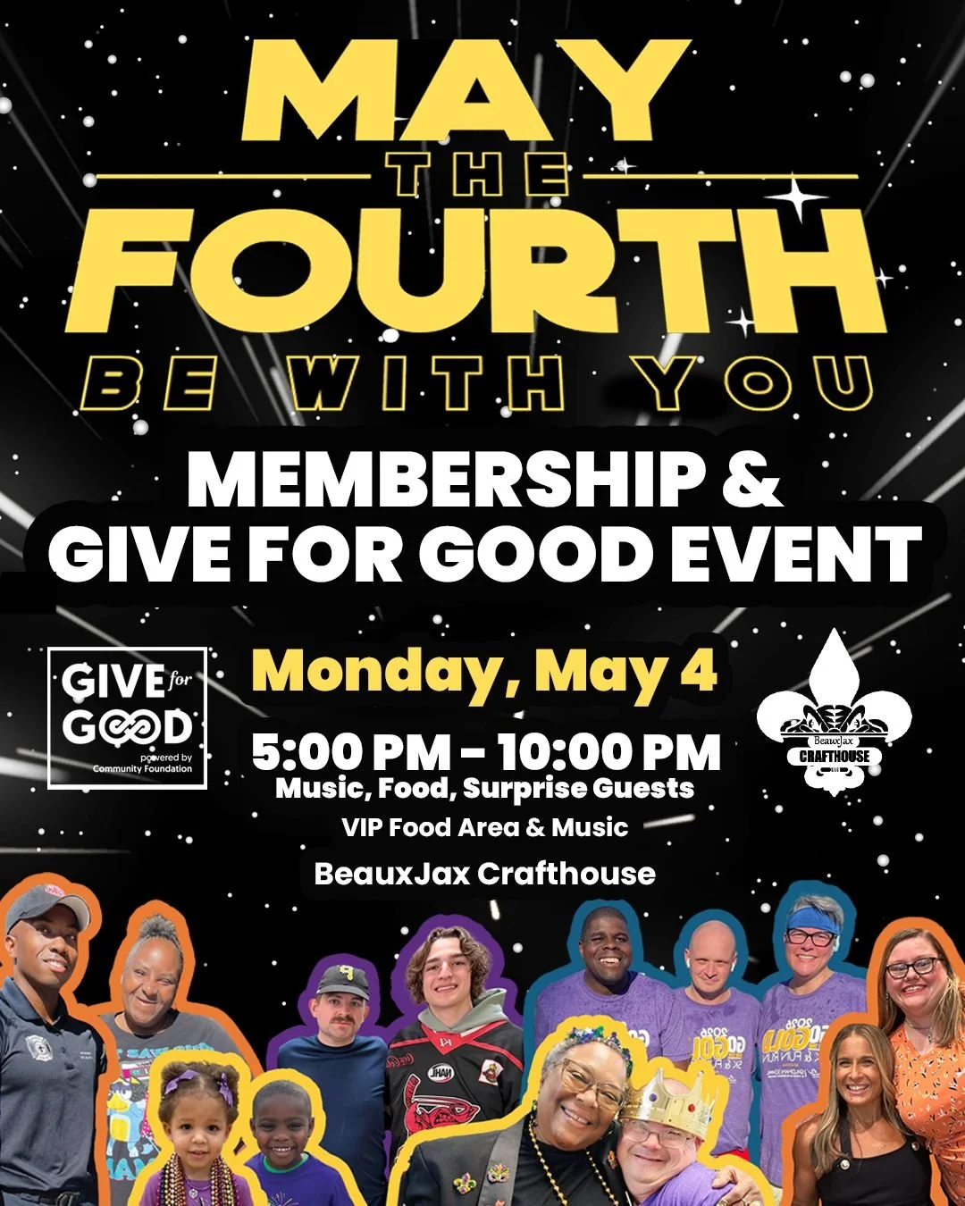 See you all TOMORROW from 5 PM - 10 PM at BeauxJax Crafthouse (501 Barksdale Blvd.) for a night filled with delicious food, Star Wars trivia, inflatable light sabers, music by Everett Street Jazz, family friendly activities, and special guests!🤩 

E
