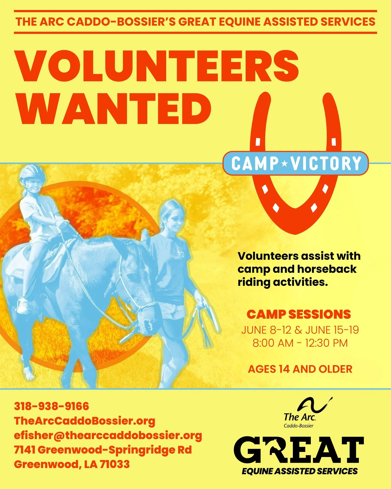 🗣️We want YOU to volunteer for Camp Victory! Camp Victory is held at our GREAT Equine Assisted Services where each rider's physical, cognitive, and social well-being are positively impacted.

Volunteers will assist with camp and horseback riding act