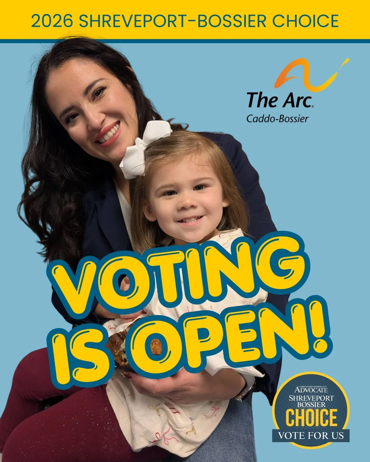 We are excited to announce that The Arc Caddo-Bossier and our programs, the Goldman School and Child Development Centers and GREAT Equine Assisted Services, are all nominated for The Shreveport-Bossier Choice Awards!🌟

Cast your vote for us using th