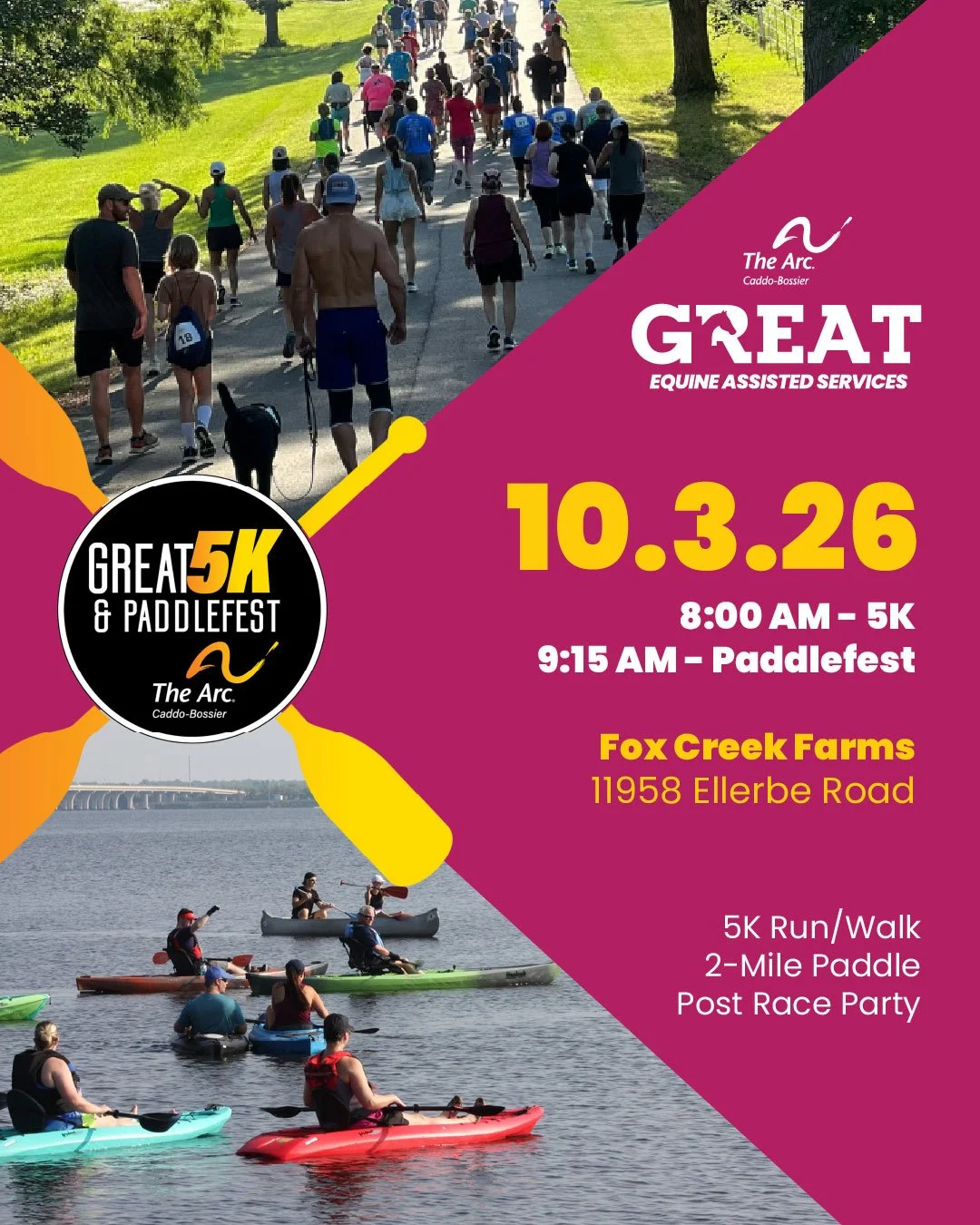 ✨Register for The Arc Caddo-Bossier&rsquo;s Biennial GREAT 5K &amp; Paddlefest, a morning with live music, a post race party, drinks, and food provided by Ki&rsquo; Mexico!✨

🗓️Saturday, October 3, 2026
🕑5K at 8:00 AM and Paddlefest at 9:15 AM
📍Fo
