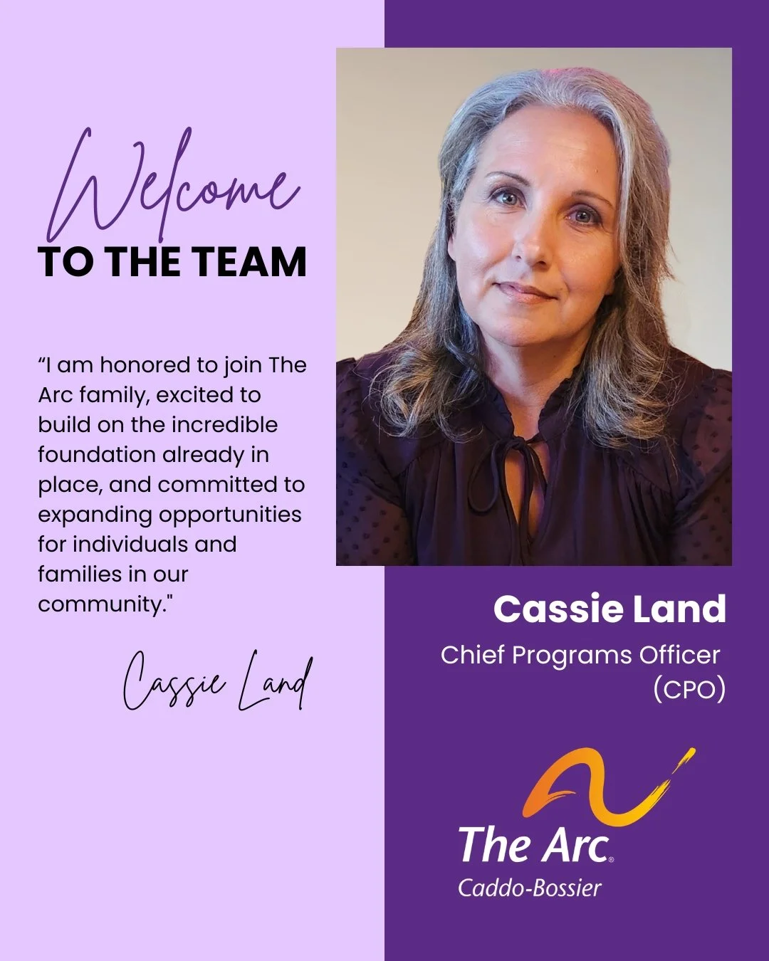 Please join us in welcoming The Arc Caddo-Bossier&rsquo;s new Chief Programs Officer (CPO), Cassie Land!🧡💛

Our CEO Kristen Powers said this about Cassie: &ldquo;We are so excited to welcome Cassie Land to our team as Chief Programs Officer! Her ex