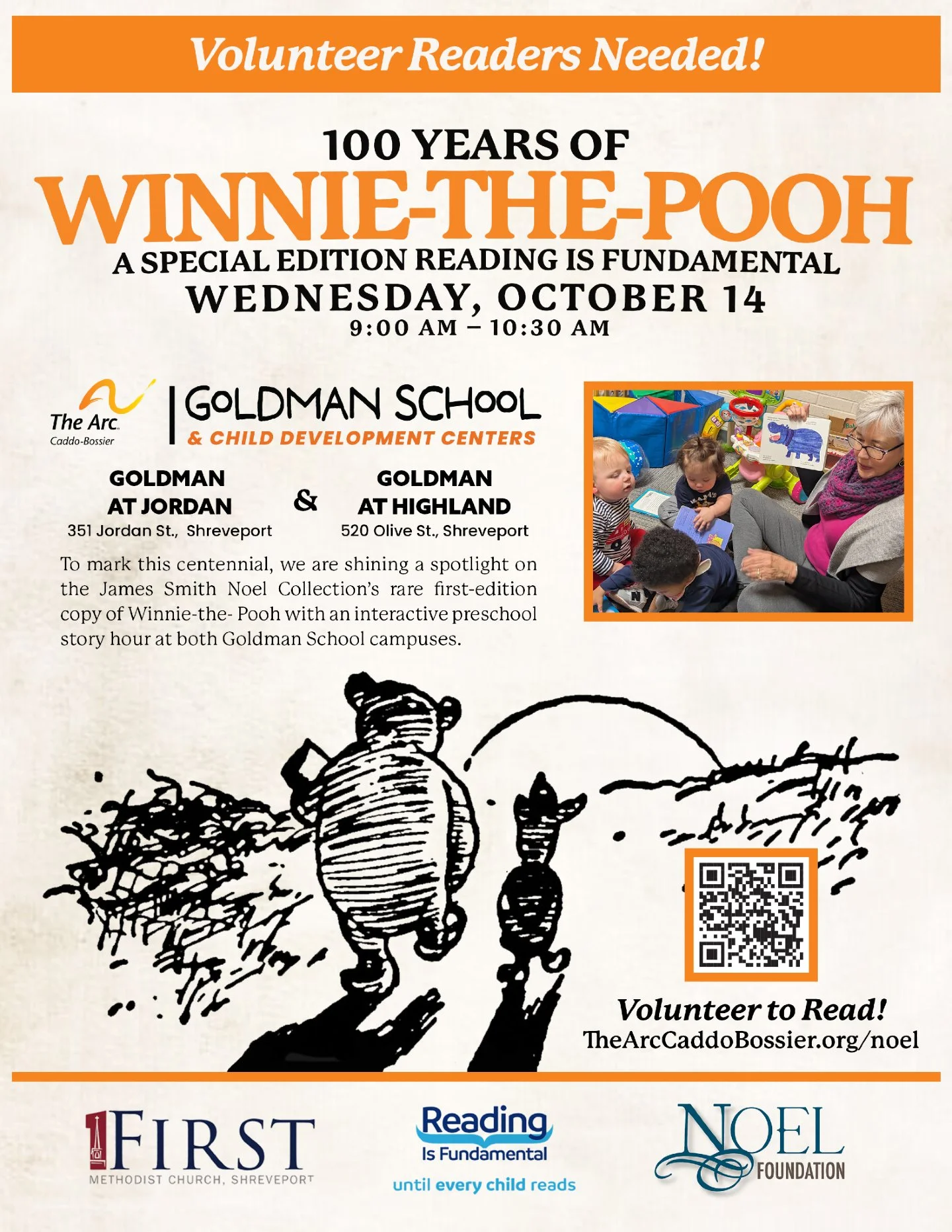 Winnie-the-Pooh turns 100 this month, and The Arc Caddo-Bossier's Goldman School and Child Development Centers are partnering with First Methodist Church, Shreveport and Noel Foundation to throw him a party. 🍯🐻

We're looking for volunteer readers!