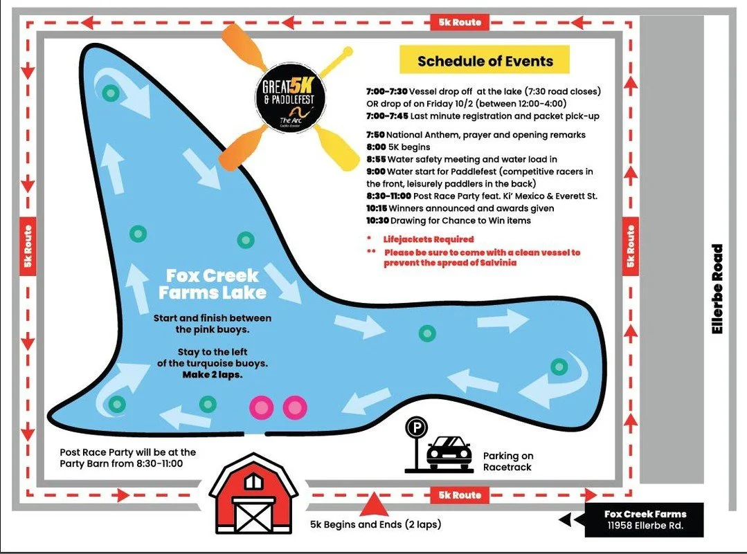 Tomorrow! Your GREAT 5K &amp; Paddlefest cheat sheet:

📍 Fox Creek Farms, 11958 Ellerbe Road, Shreveport
🛶 Paddlers: lifejackets are required. Need a board, kayak, or canoe? Rentals are $20. Call Caroline ASAP at (318) 564-5769.
👧 Kids: free Kids 