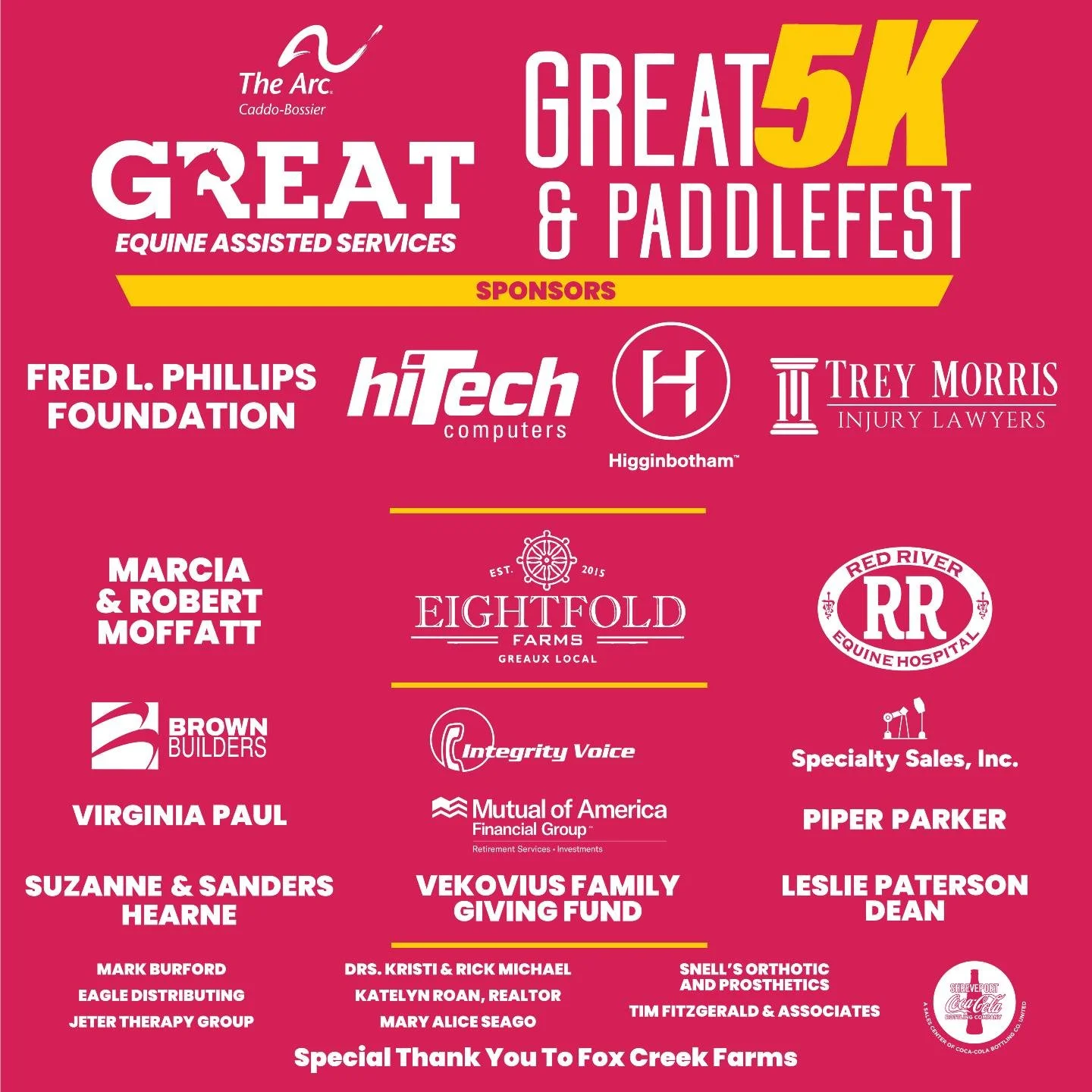 Yesterday, a whole lot of people ran, paddled, and cheered for our GREAT Equine Assisted Services program, and none of it happens without our sponsors.

Thank you to:
Fred L. Phillips Foundation, HiTech Inc., Trey Morris Injury Lawyers, Higginbotham 