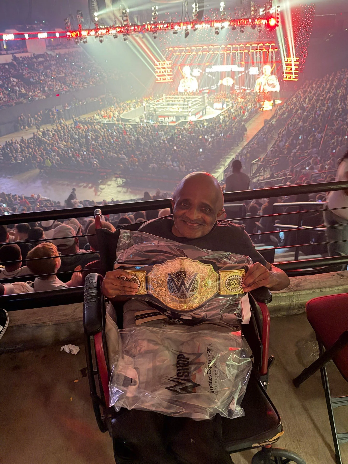 A night Paul won't forget! 🤼💙

Paul is an avid lover of all things wrestling, so when a wrestling event came to the Brookshire Grocery Arena on October 12, his Direct Support Professional, Maxwell Russell, made sure he was there. Maxwell knew the e