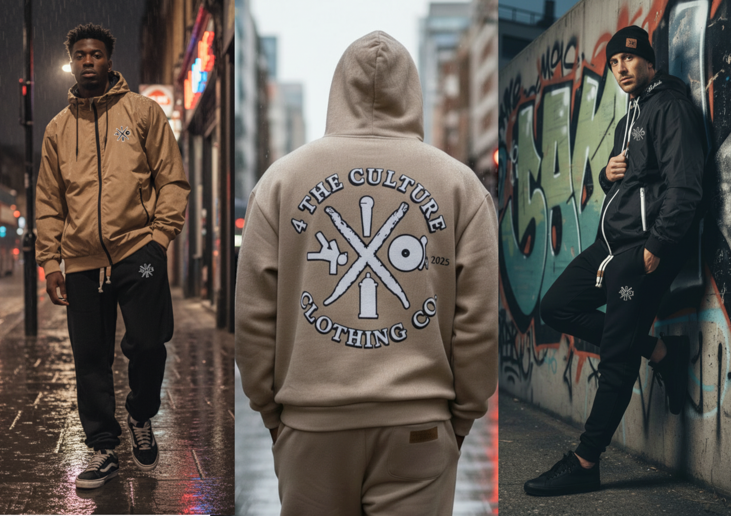 Models wearing 4 The Culture Clothing Co. streetwear — beige windrunner, oversized hoodie and logo joggers — photographed in an urban Hip-Hop setting with graffiti and city nightlife.