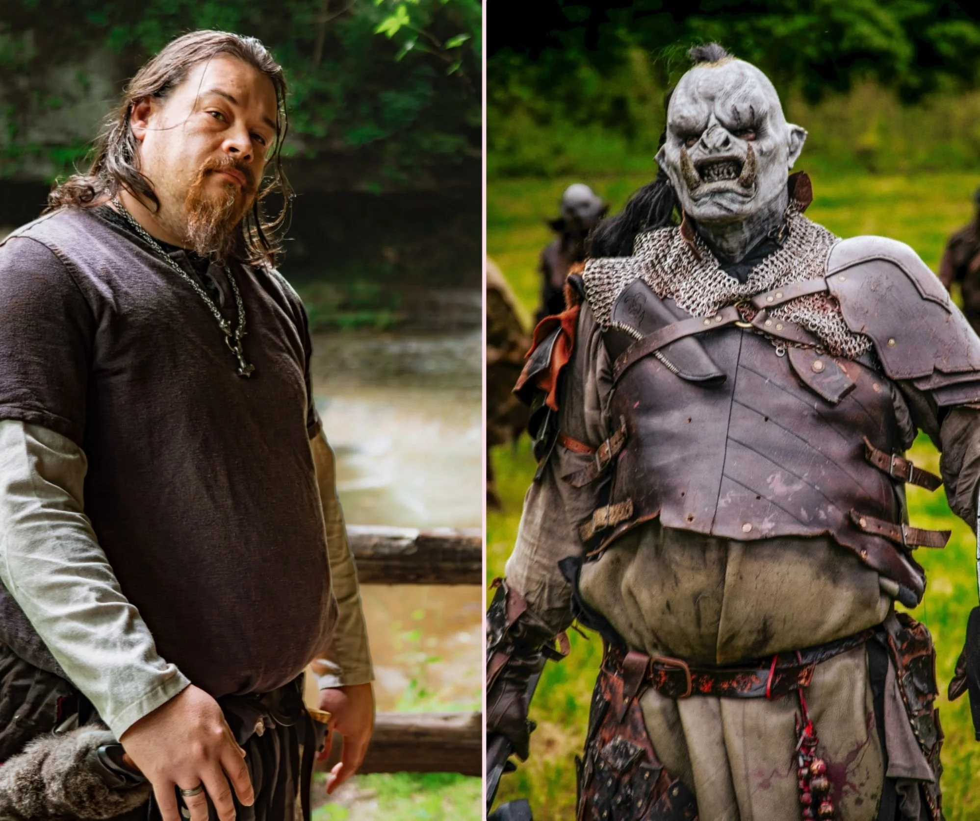 A person dressed in medieval-style clothing standing outdoors near a body of water on the left, and a fantasy creature with armor and a skull-like face on the right.