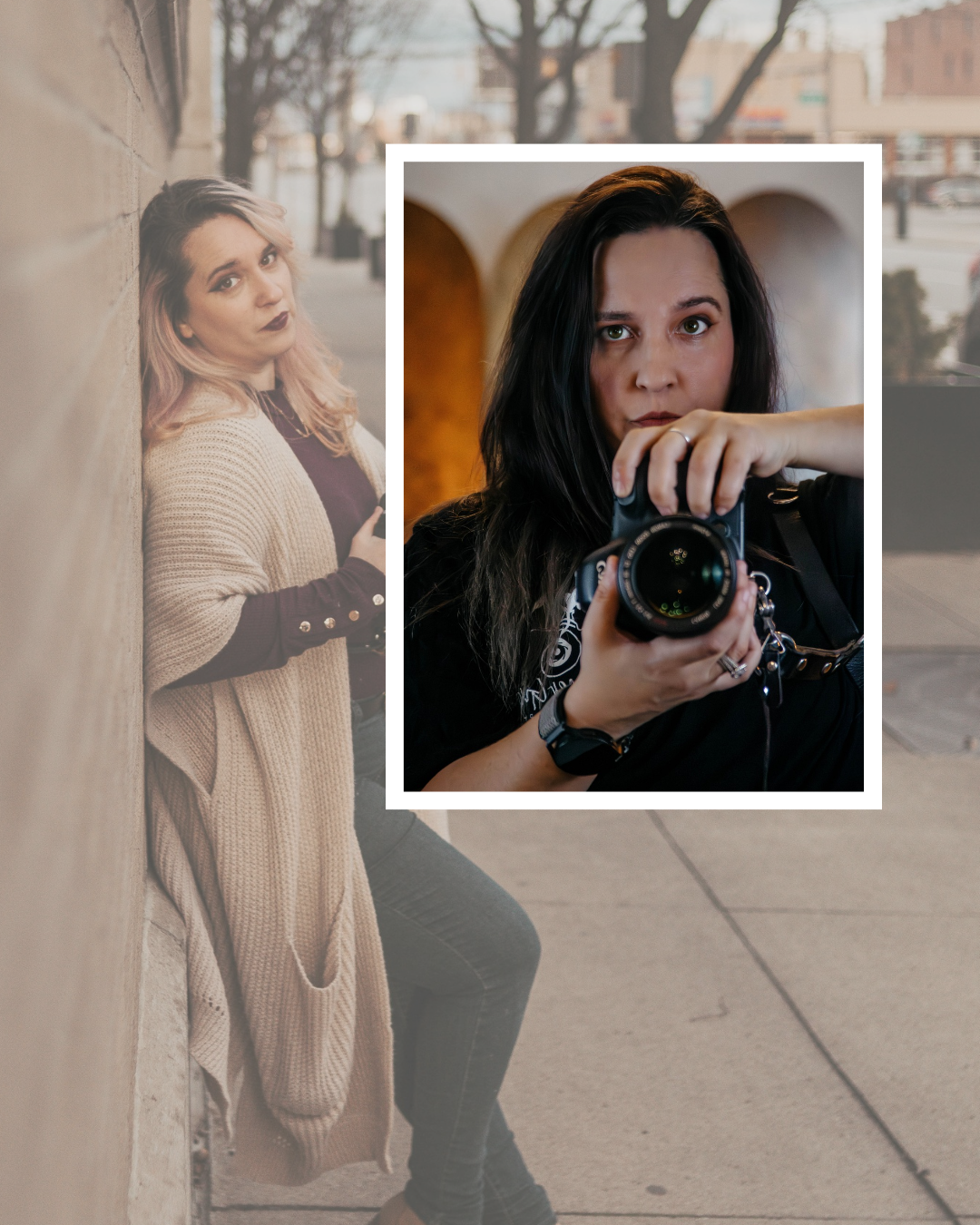 A woman with dark hair taking a selfie with a camera, with another woman in the background posing against a beige wall on an outdoor sidewalk.