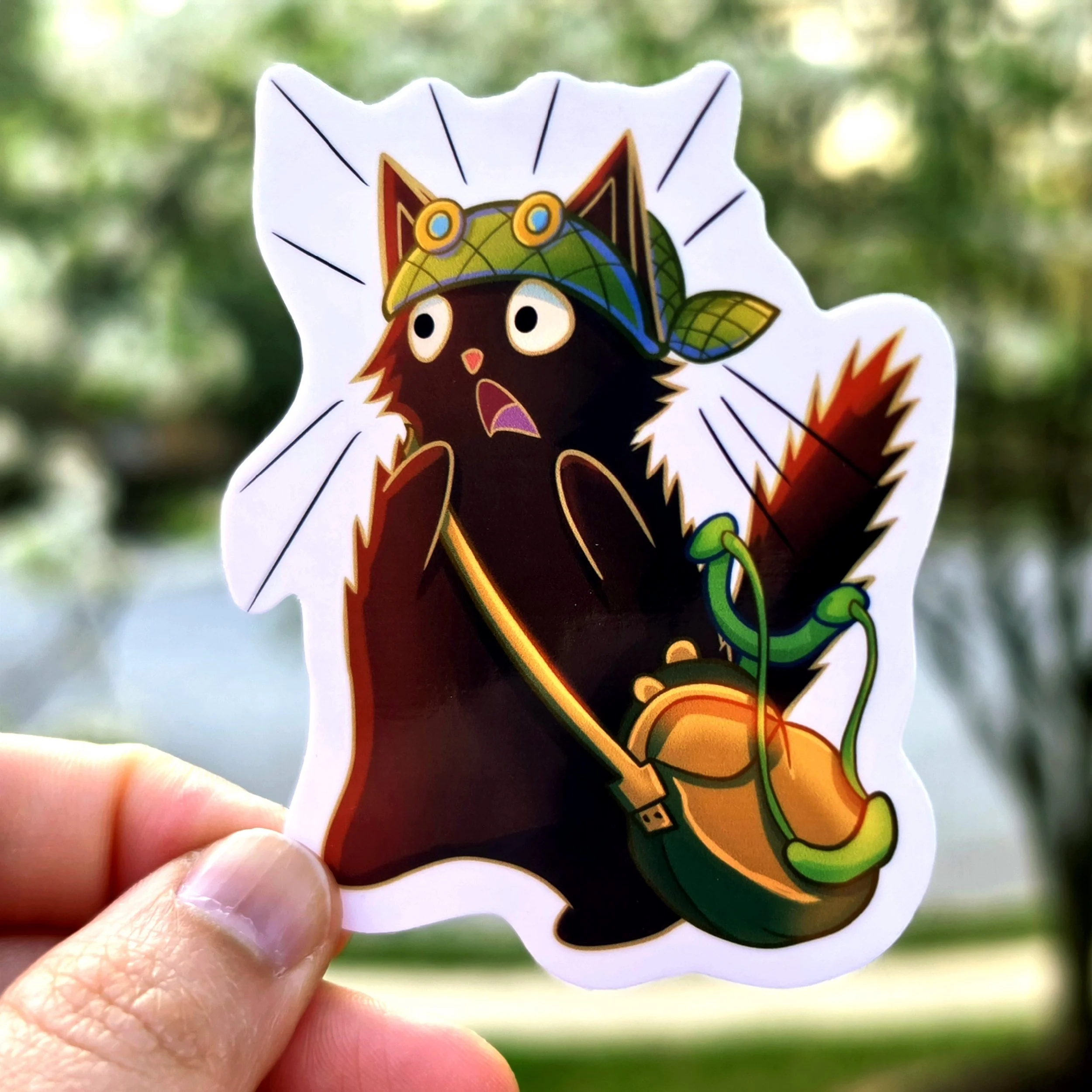 The Marksman (Usopp): A die-cut feline sticker based on Usopp, featuring a scaredy and shocked cat with green bandana and wooden slingshot.
