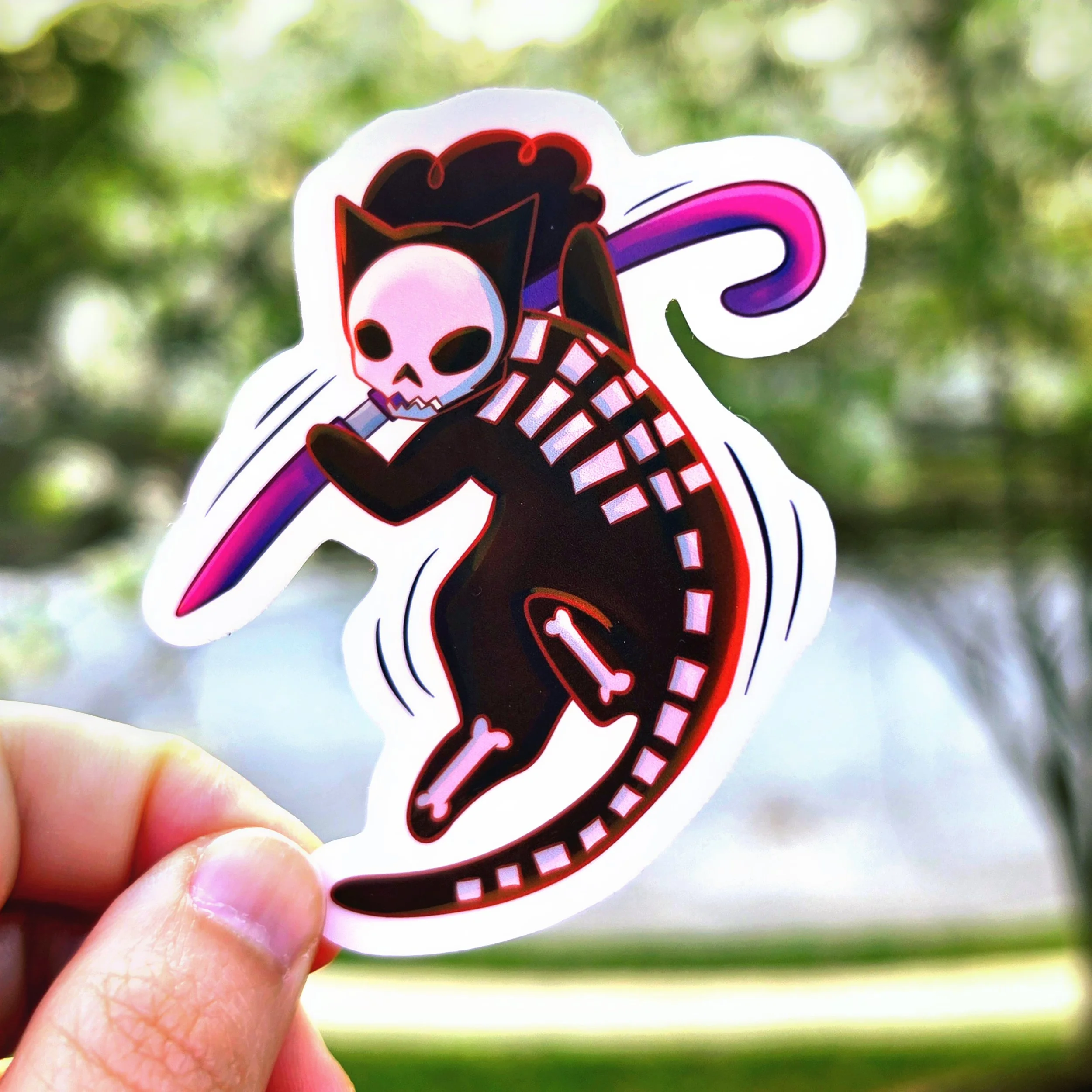 The Musician (Brook): A skeleton-styled vinyl cat sticker reimagined as Brook, featuring a large black afro and unsheathing his cane sword
