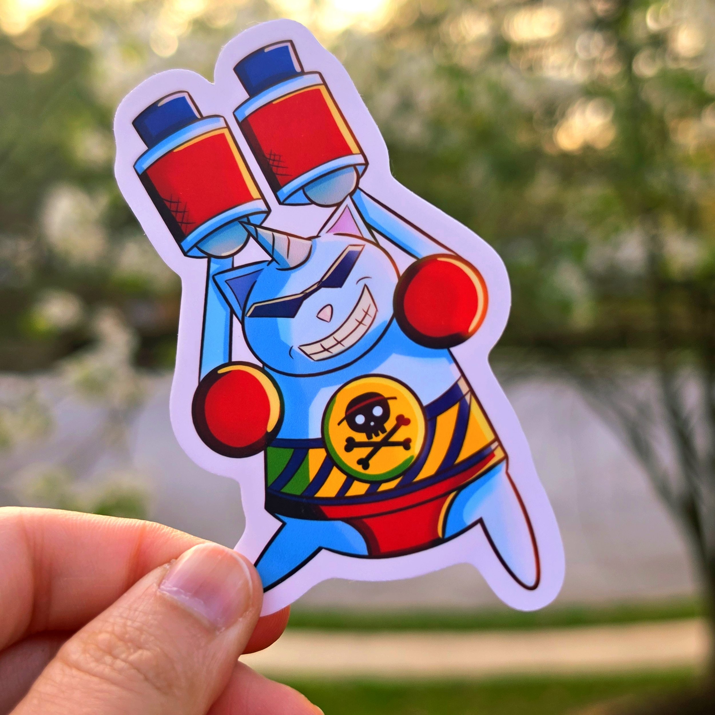 The Shipwright (Franky): A "SUPER" burly blue cyborg cat sticker inspired by Franky, featuring metallic robotic arms, a bright pompadour, and a high-energy pose.