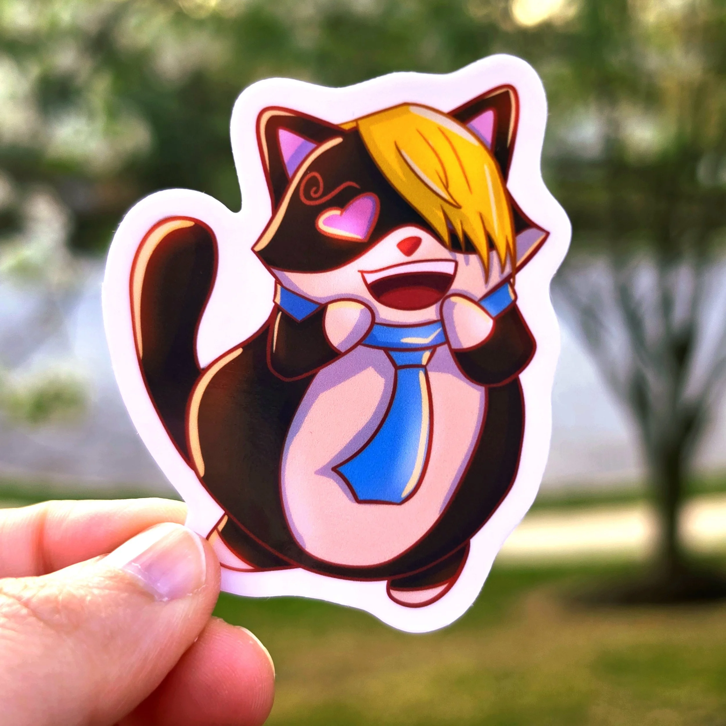 The Cook (Sanji): A sleek vinyl sticker of a tuxedo cat inspired by Sanji, featuring a signature curly eyebrow and heart eyes