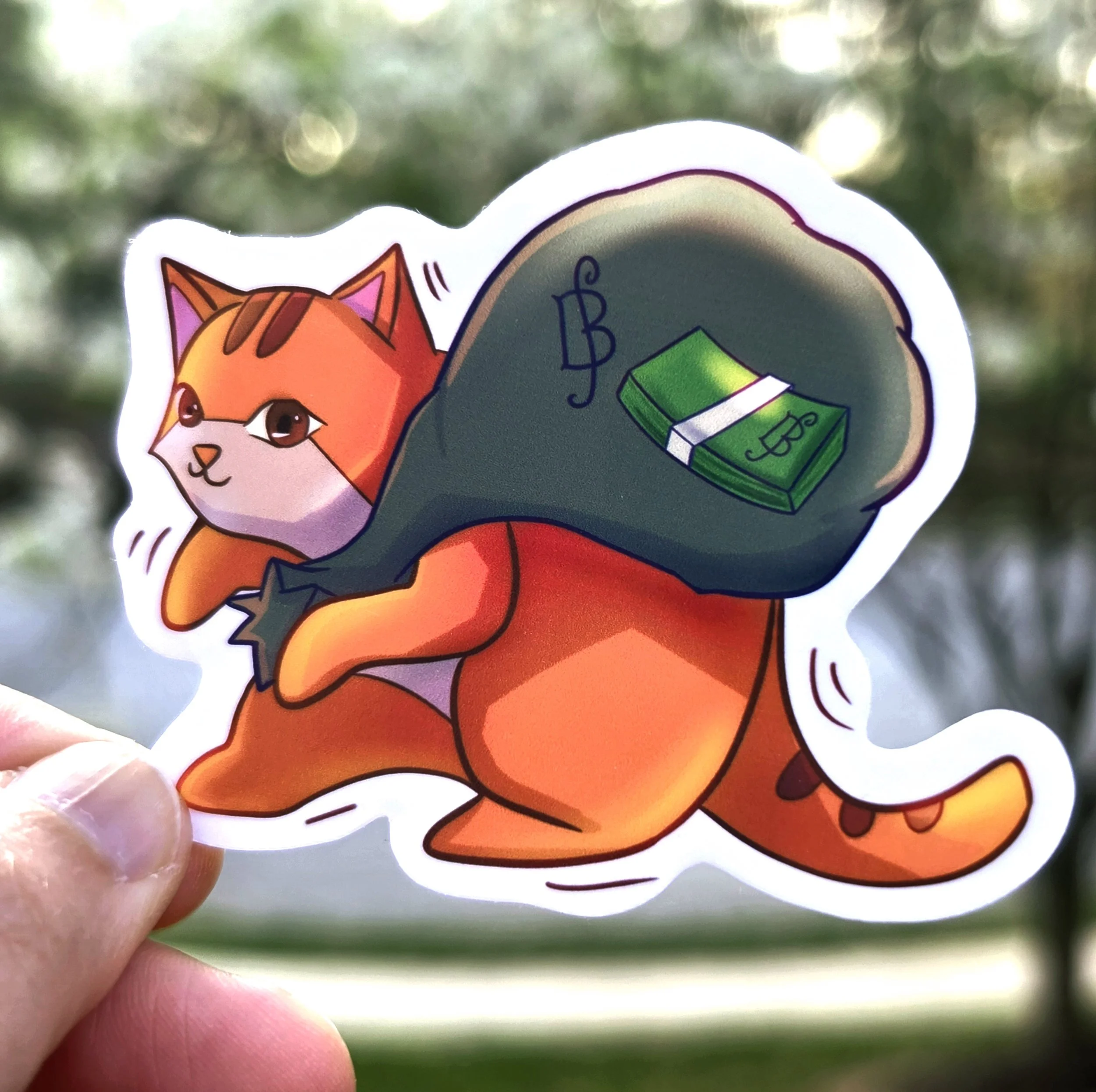 : A vibrant vinyl sticker of a ginger cat reimagined as Nami with a bag of Berries (money)