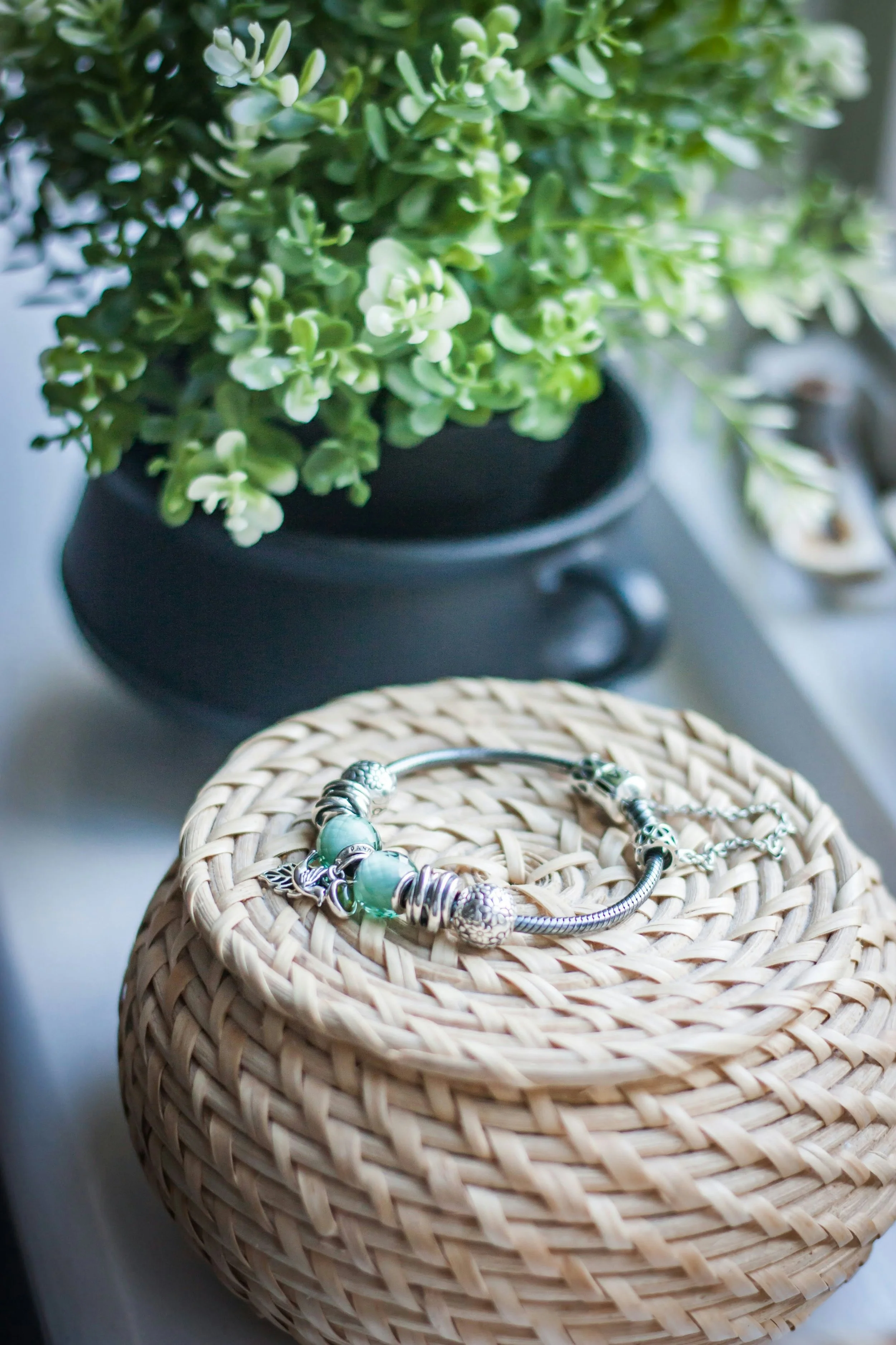 A woven basket with a charm bracelet on the lid, sitting next to a small potted jade plant.