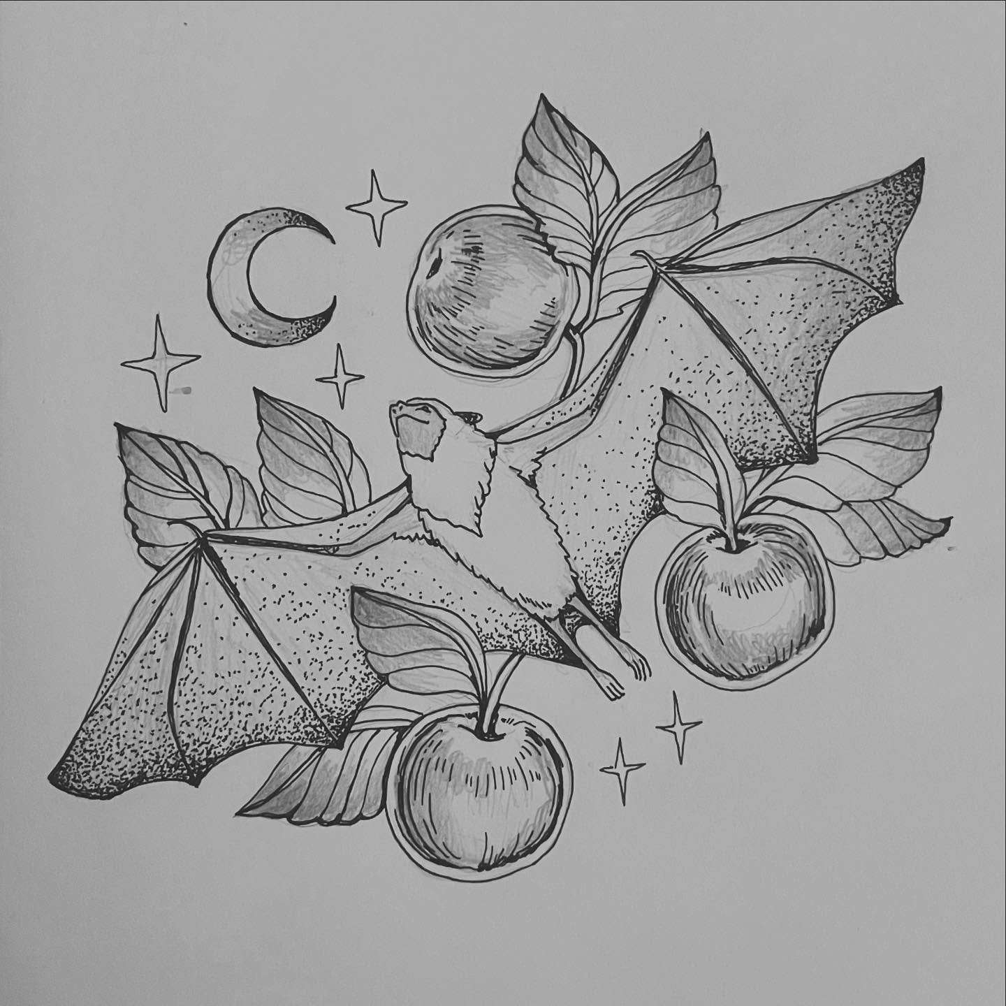 fruit bat flash available 🦇🍎 would be cool arm or leg wrap, thigh or chest piece. reach out if interested to claim this one 🫶 will clean up the design a bit. wanted to remind myself i can draw on paper instead of digitally.
.
.
.
.
.
#tattoo #tatt
