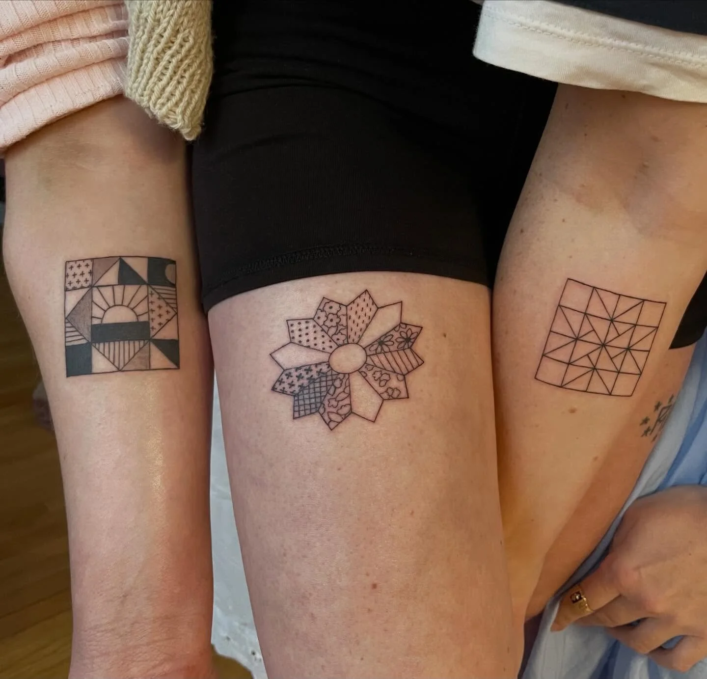 3 custom quilt blocks for 3 lovely friends 💖 thank you Lizzie, Sarah, and Hillary. love spending this time with you and hearing about all your creative endeavors 🥰
.
.
.
.
#folktattoo #folkyeah #milwaukeetattooartist  #quiltblock #seamstress