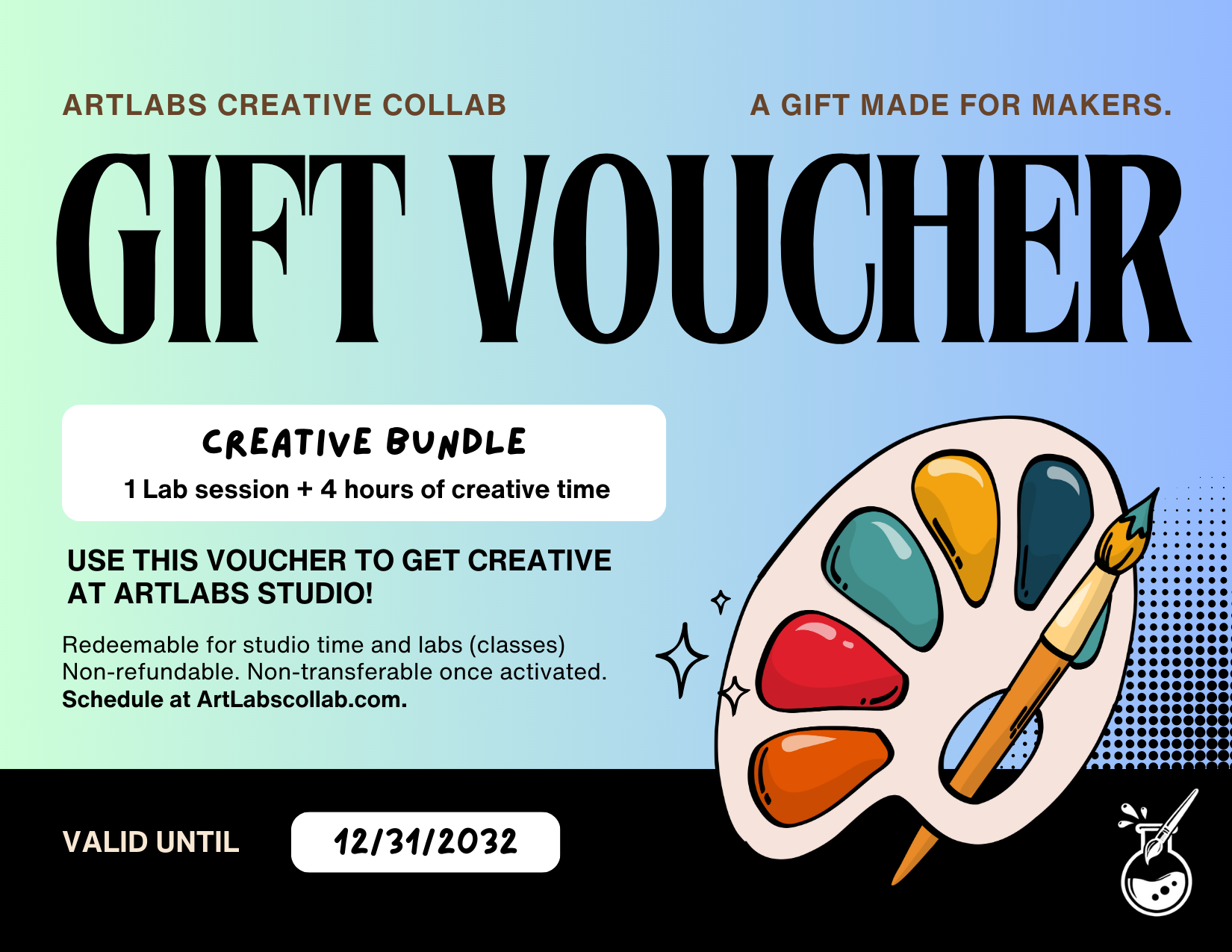 Gift voucher for ArtLabs Creative Collab. Features a paint palette with colorful paints and a paintbrush. Text states a creative bundle, valid until December 31, 2032, for one lab session plus four hours of creative time.