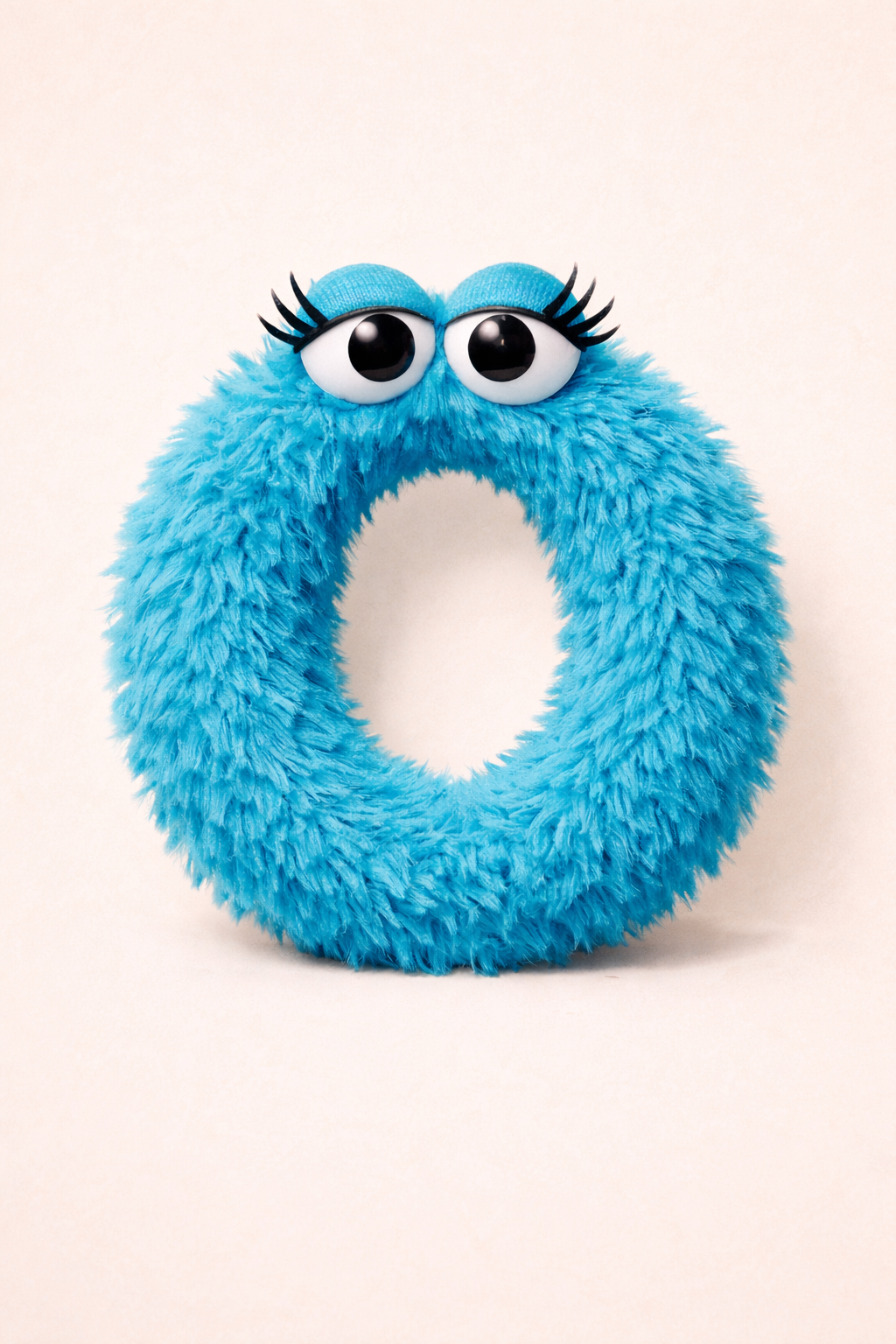An AI generated image of a whimsical, blue furred, anthropomorphic letter O. The O has googly eyes with curly eyelashes in the style of a Jim Henson Muppet.