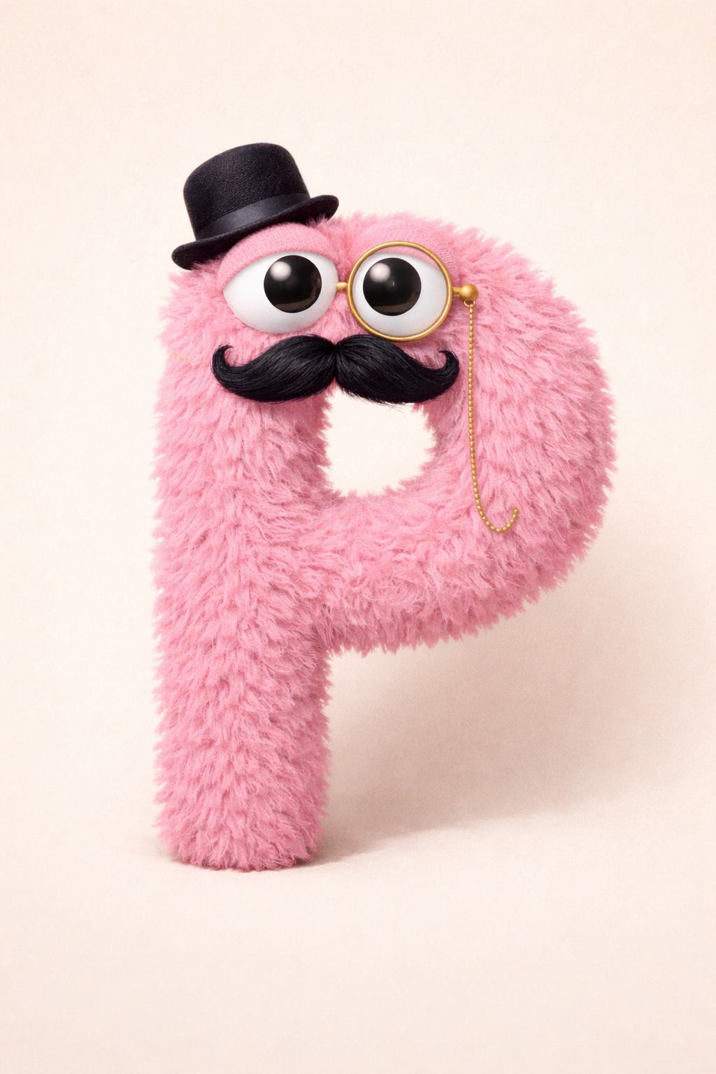An AI generated image of a whimsical, pink furred, anthropomorphic letter P. The P has a curly mustache and googly eyes in the style of a Jim Henson Muppet. It wears a bowler hat and gold rimmed monocle.