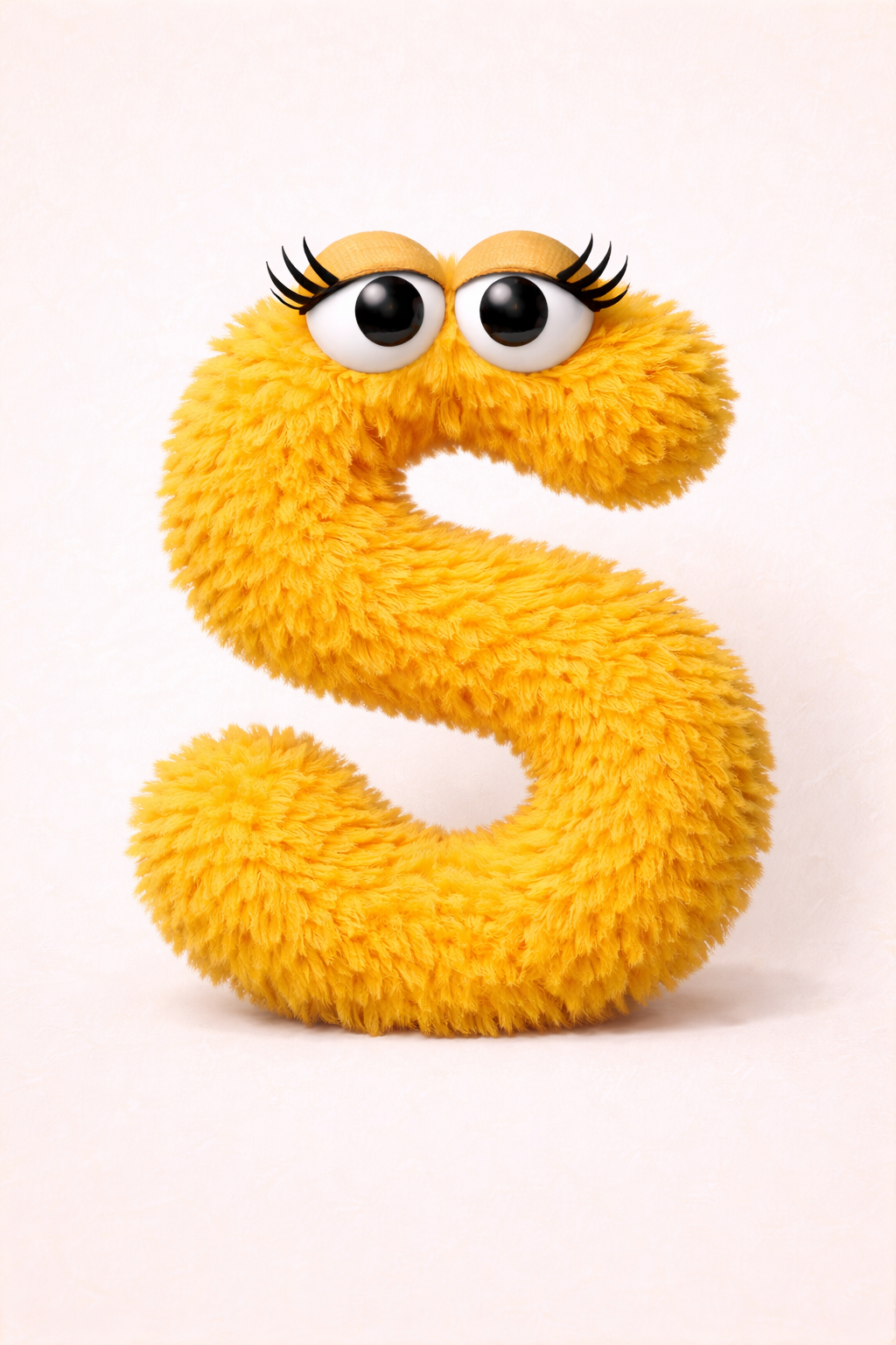 An AI generated image of a whimsical, yellow furred, anthropomorphic letter S. The S has googly eyes with curly eyelashes in the style of a Jim Henson Muppet.