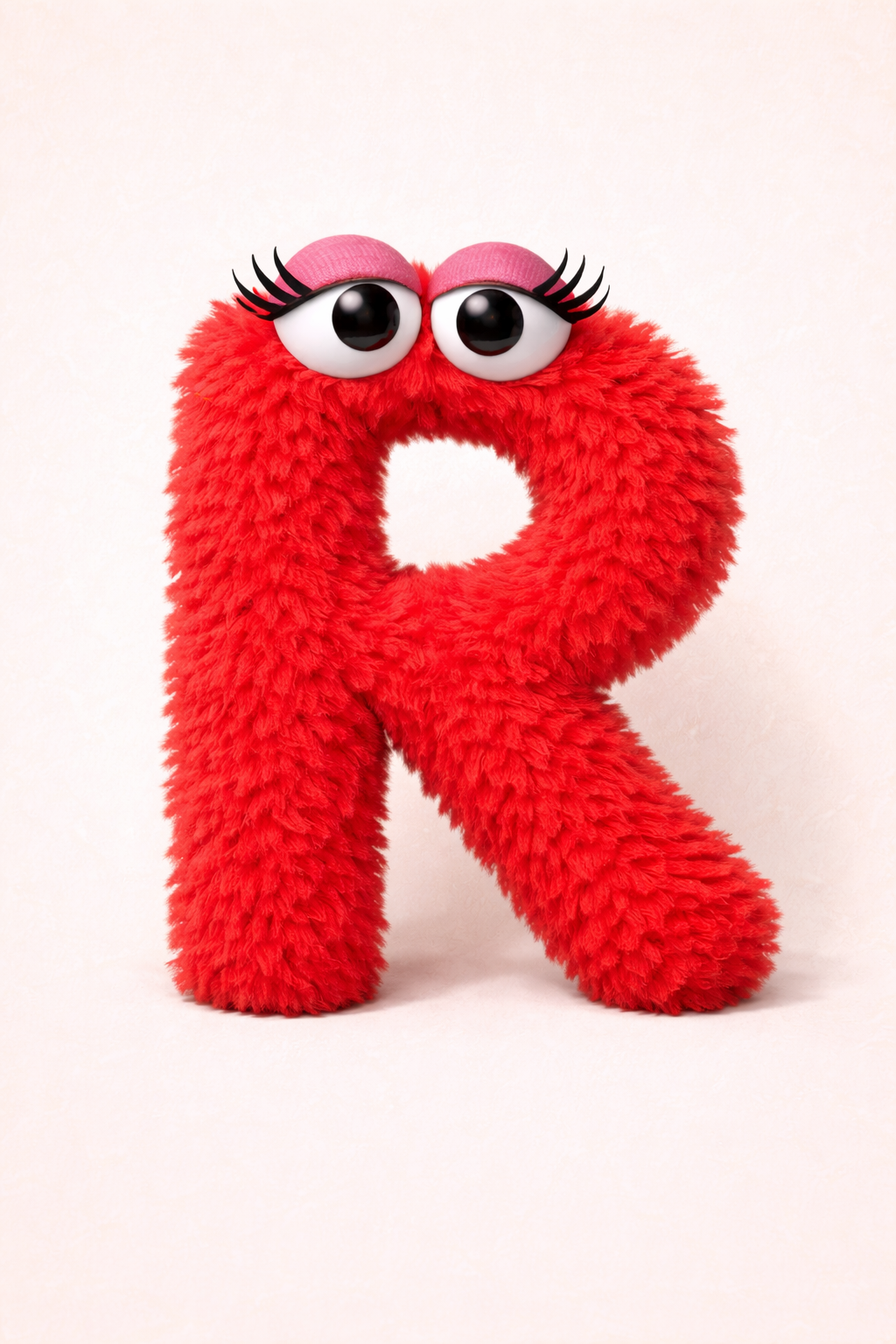 An AI generated image of a whimsical, red furred, anthropomorphic letter R. The R has googly eyes with curly eyelashes in the style of a Jim Henson Muppet.