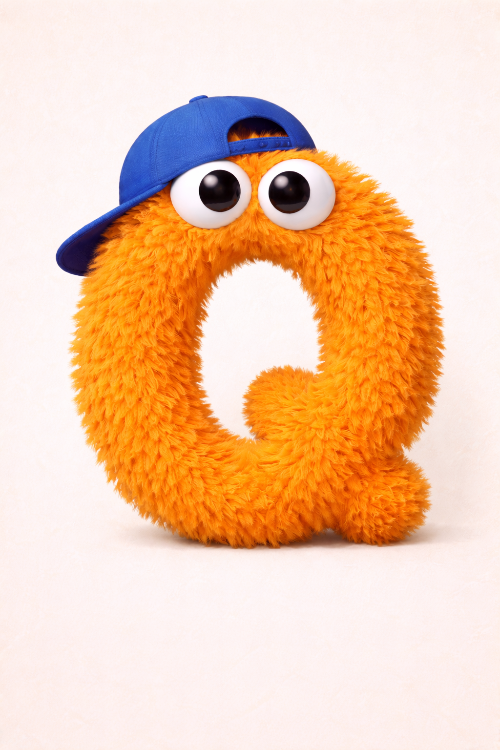 An AI generated image of a whimsical, orange furred, anthropomorphic letter Q. The Q has googly eyes in the style of a Jim Henson Muppet and wears a backwards blue baseball cap.