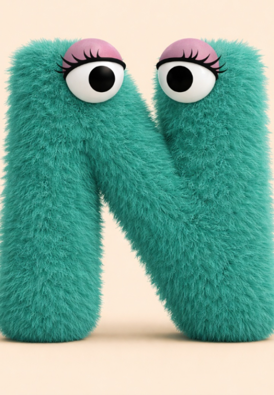 An AI generated image of a whimsical, green furred, anthropomorphic letter N. The N has googly eyes with curly eyelashes in the style of a Jim Henson Muppet.