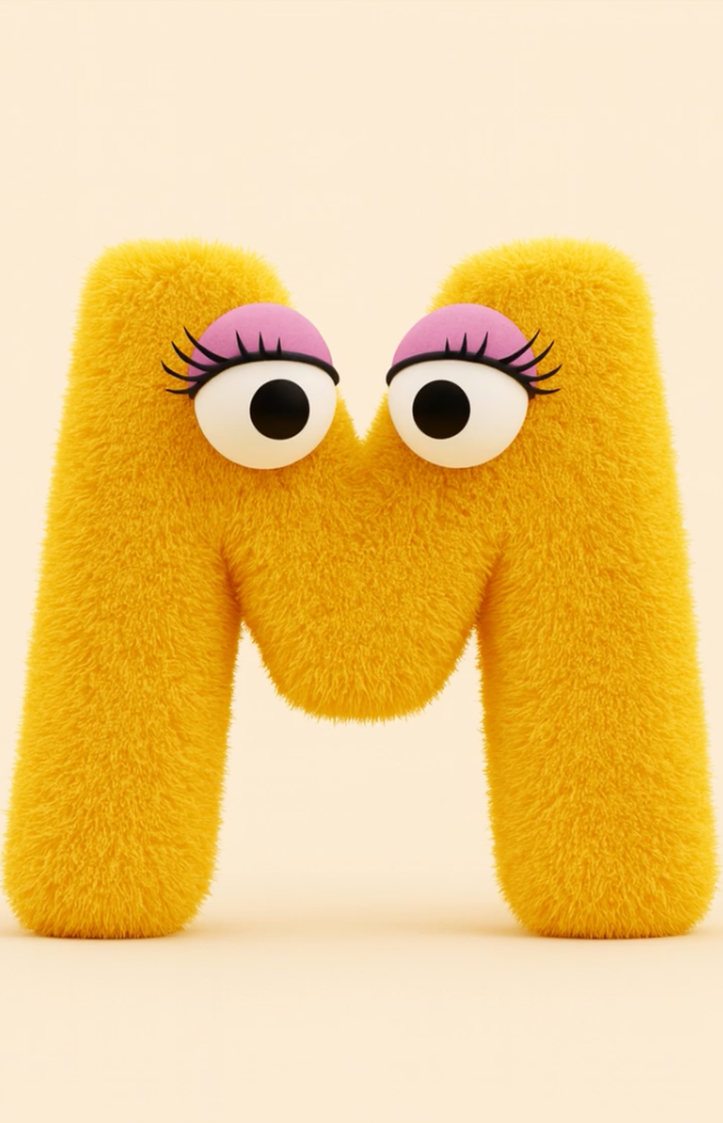 An AI generated image of a whimsical, yellow furred, anthropomorphic letter M. The M has googly eyes with curly eyelashes in the style of a Jim Henson Muppet.